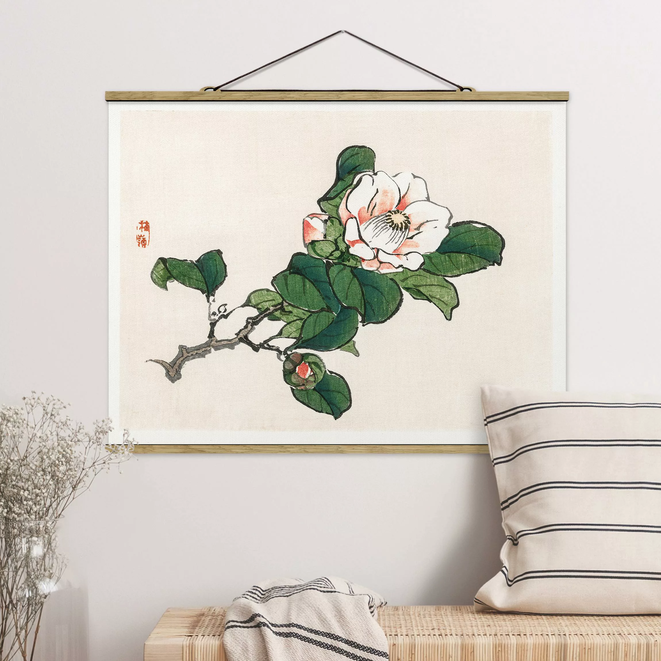 Stoffbild Blumen mit Posterleisten - Querformat Asiatische Vintage Zeichnun günstig online kaufen