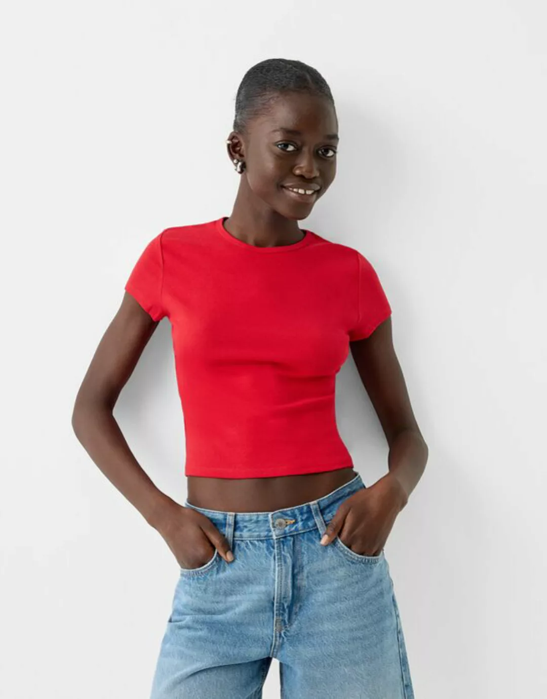 Bershka T-Shirt Rundausschnitt Damen 10-12 Rot günstig online kaufen