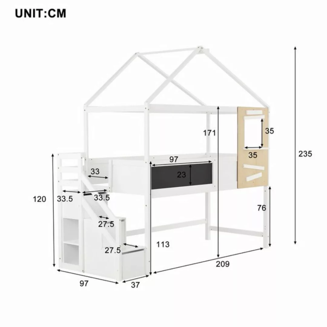 WISHDOR Kinderbett Hausbett Einzelbett (weiß (200x90 cm), mit Treppe und Fe günstig online kaufen