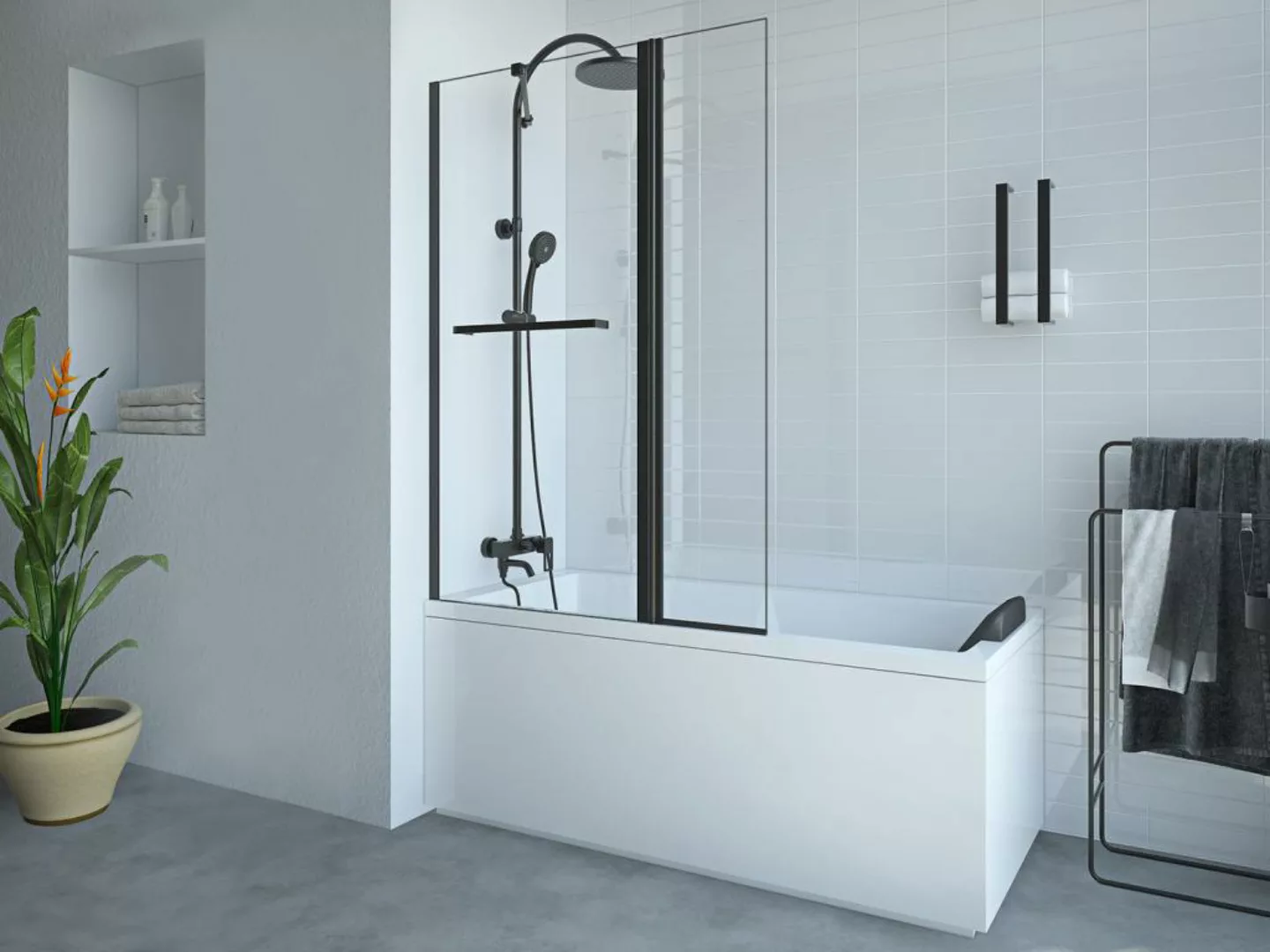 Duschtrennwand Badewanne mit Handtuchhalter - (70 + 30) x 140 cm - Schwarz günstig online kaufen
