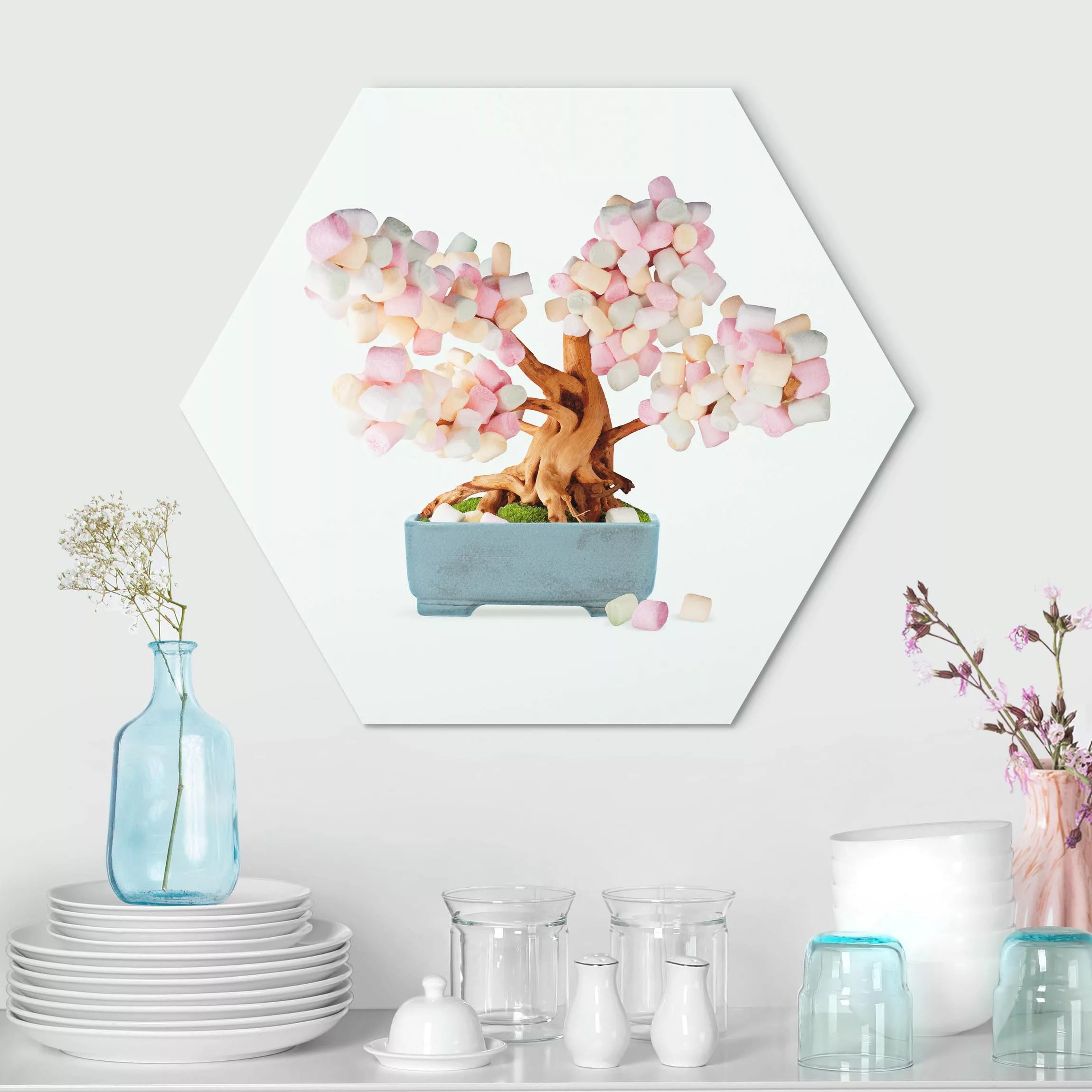 Hexagon-Alu-Dibond Bild Bonsai mit Marshmallows günstig online kaufen