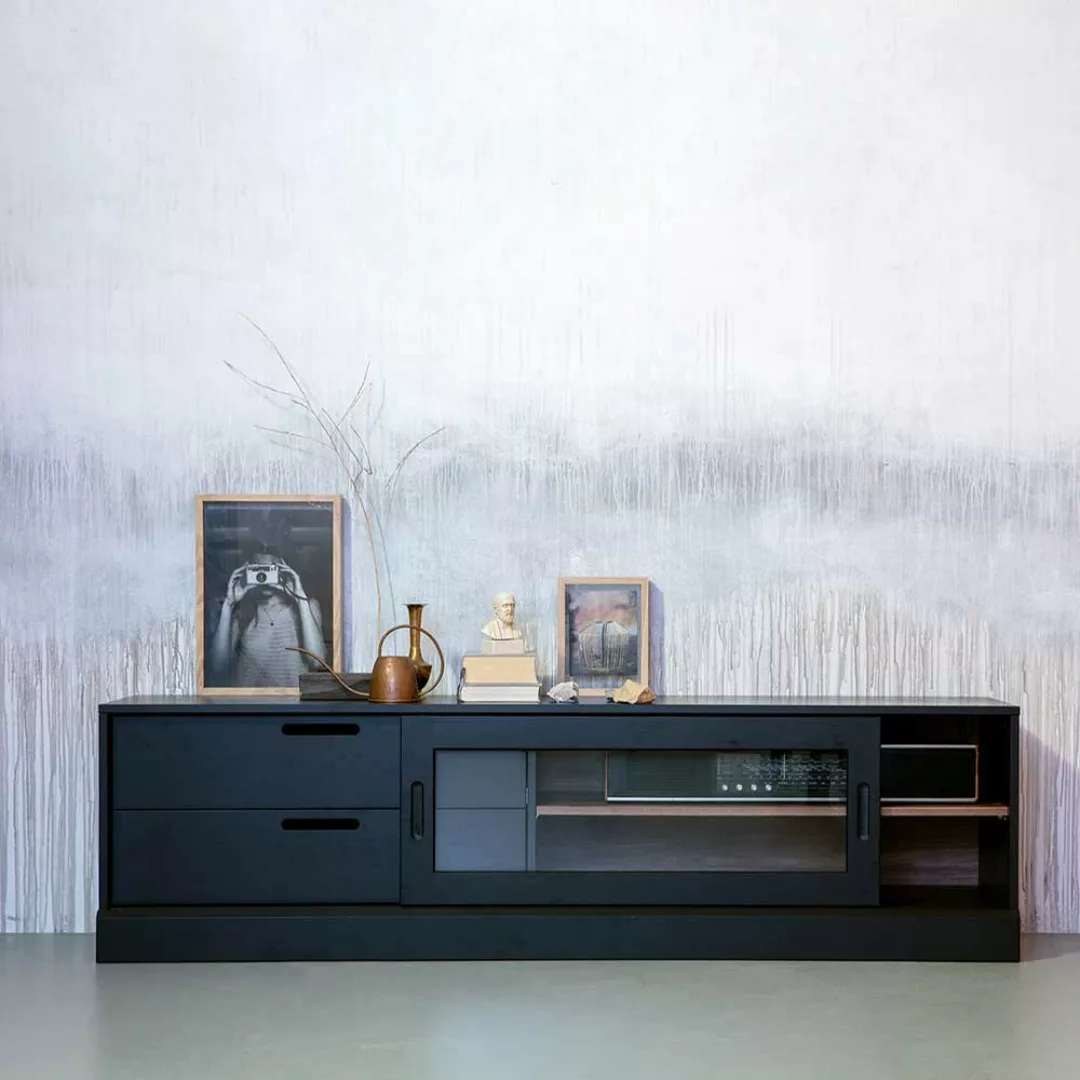 Schwarzes Lowboard mit Glas Schiebetür 180 cm breit günstig online kaufen