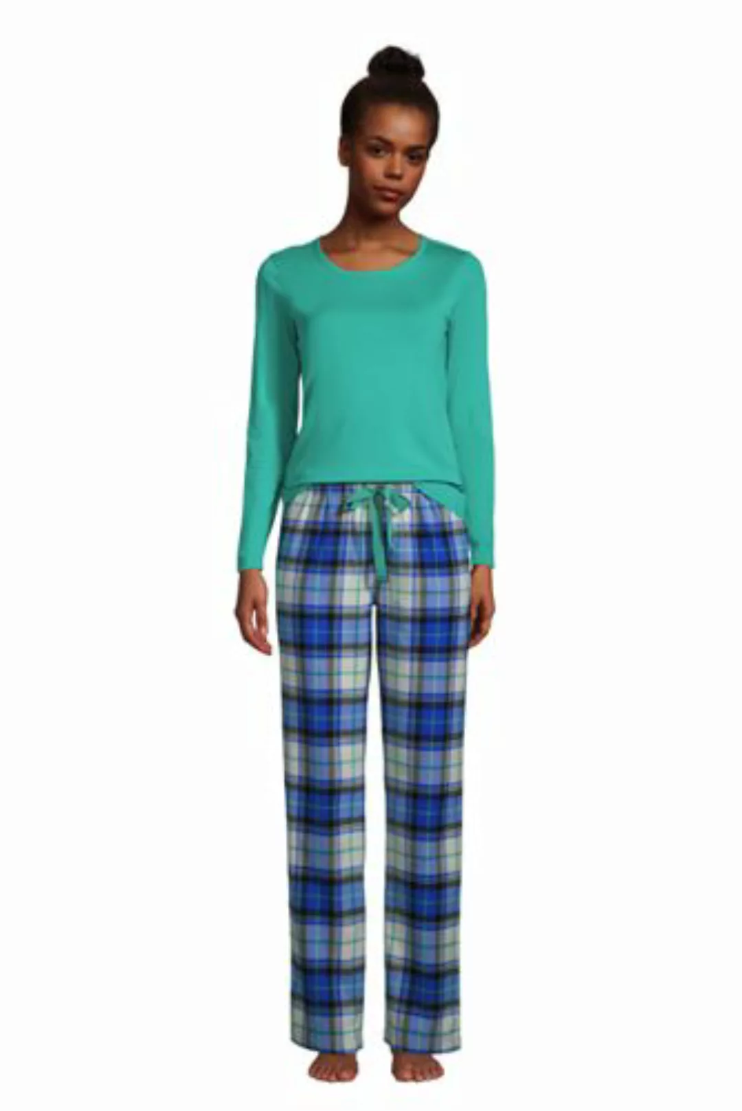 Flanell Pyjama-Set mit gemusterter Hose, Damen, Größe: M Normal, Blau, Elas günstig online kaufen