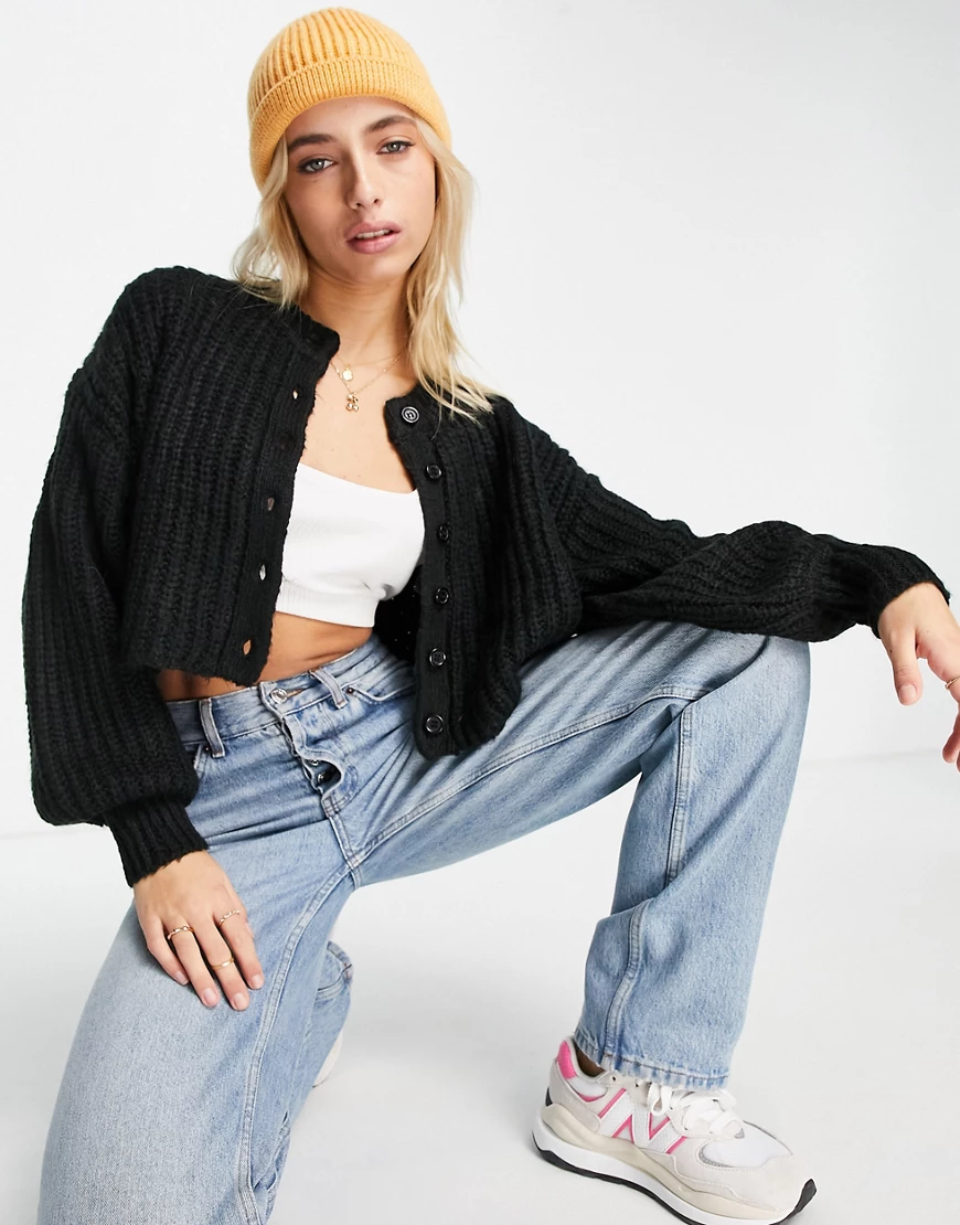 ASOS DESIGN – Grobstrickjacke in Schwarz mit Rundhalsausschnitt, Kombiteil günstig online kaufen