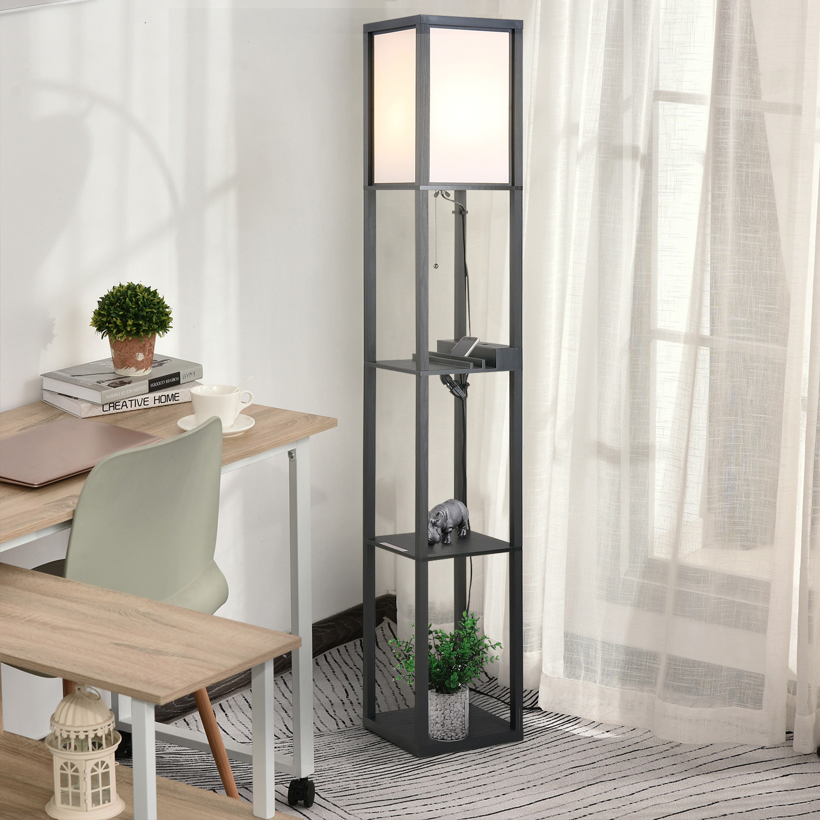 HOMCOM Moderne Stehlampe, Platzsparende Bodenlampe mit Regalen aus Baumwoll günstig online kaufen