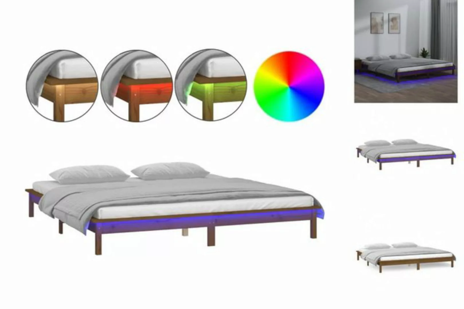 vidaXL Bettgestell Massivholzbett mit LEDs Honigbraun 140x190 cm Bett Bettr günstig online kaufen