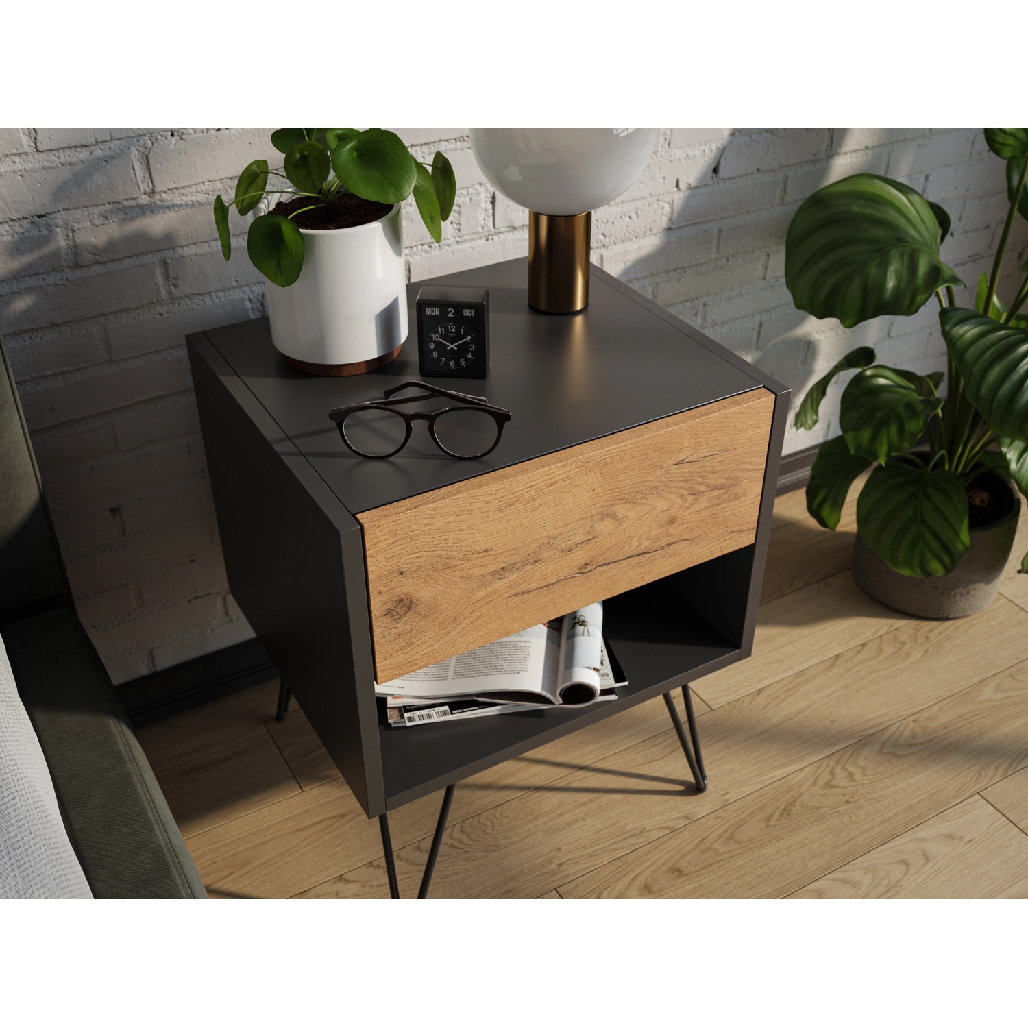Posseik Nachttisch-Set Industrial B Stehend 40 cm Grafit Eiche Front 2-teil günstig online kaufen