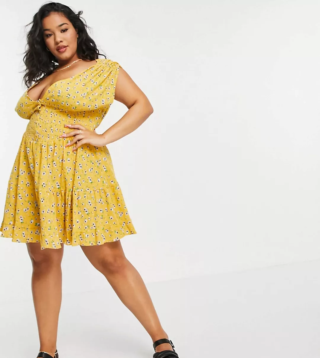ASOS DESIGN Curve – Durchgeknöpftes, gestuftes Mini-Sommerkleid in Gelb mit günstig online kaufen