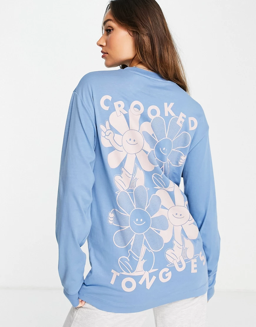 Crooked Tongues – Langärmliges Oversize-Shirt in verwaschenem Blau mit Blum günstig online kaufen