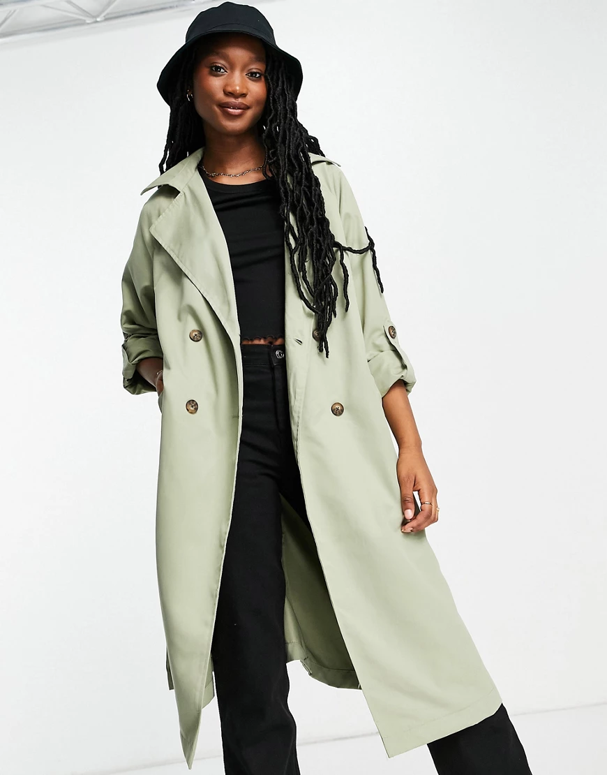 Stradivarius – Trenchcoat in hellem Khaki aus recyceltem Polyester-Grün günstig online kaufen