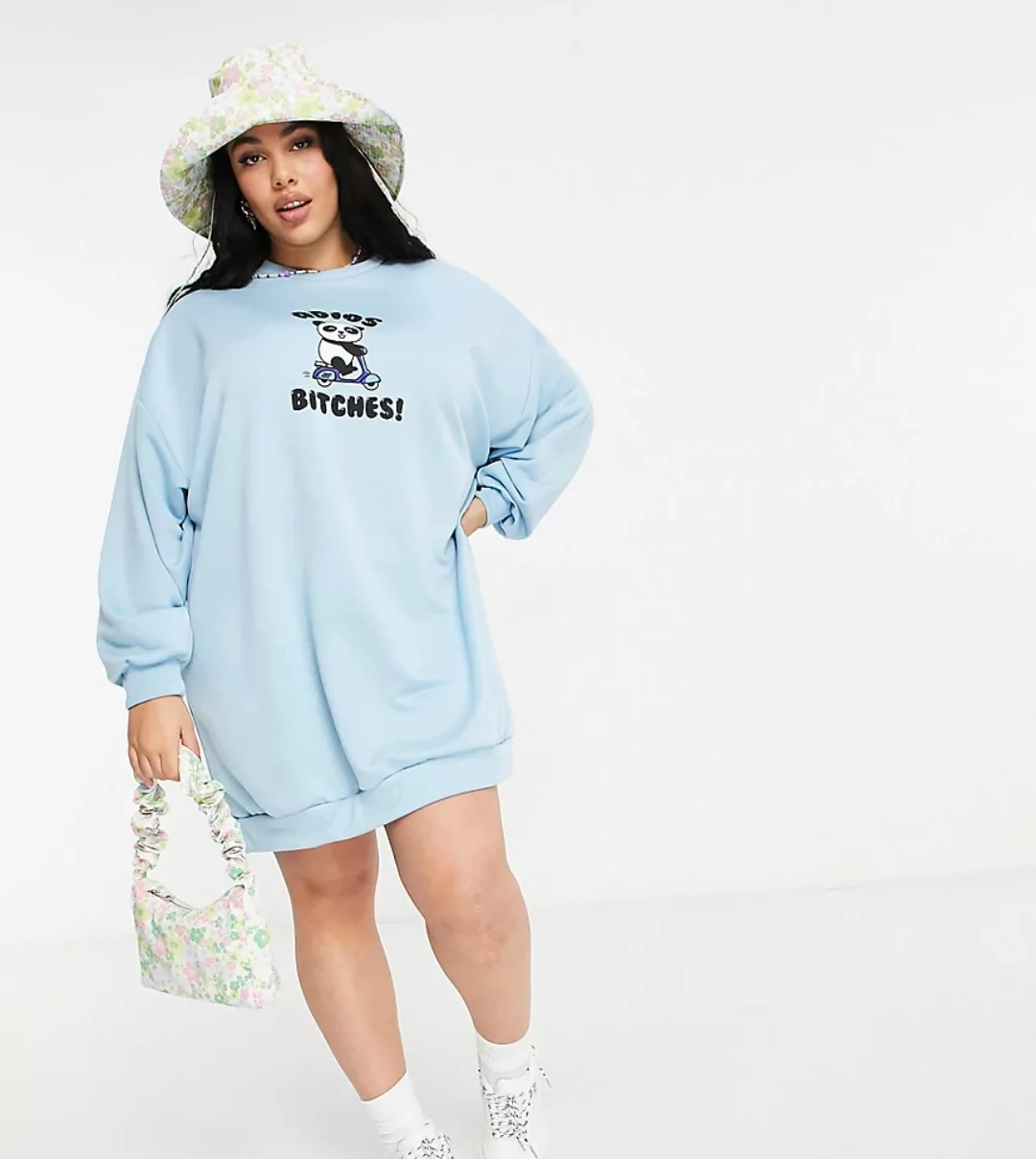 ASOS DESIGN Curve – Oversize Mini-Sweatshirtkleid in Blau mit Panda-Adios-A günstig online kaufen