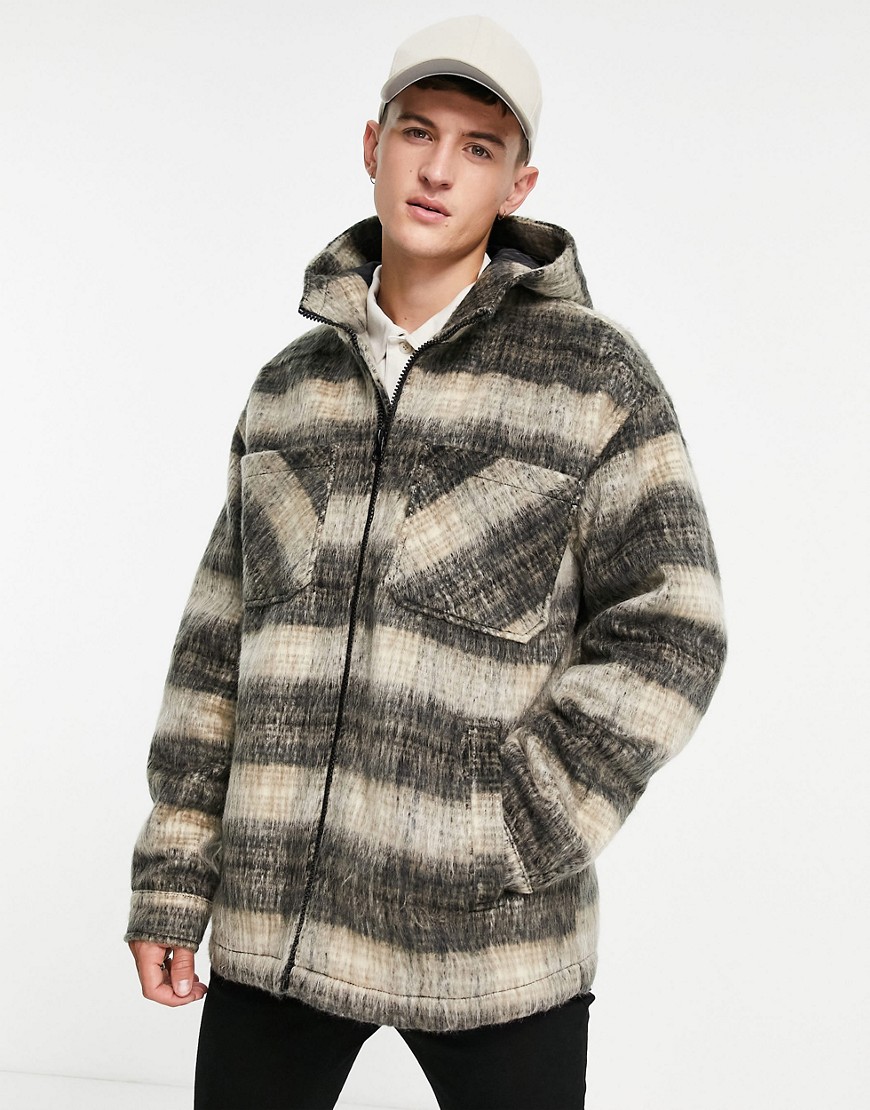 Topman – Jacke mit Kapuze aus Wollmischung in braun kariert günstig online kaufen