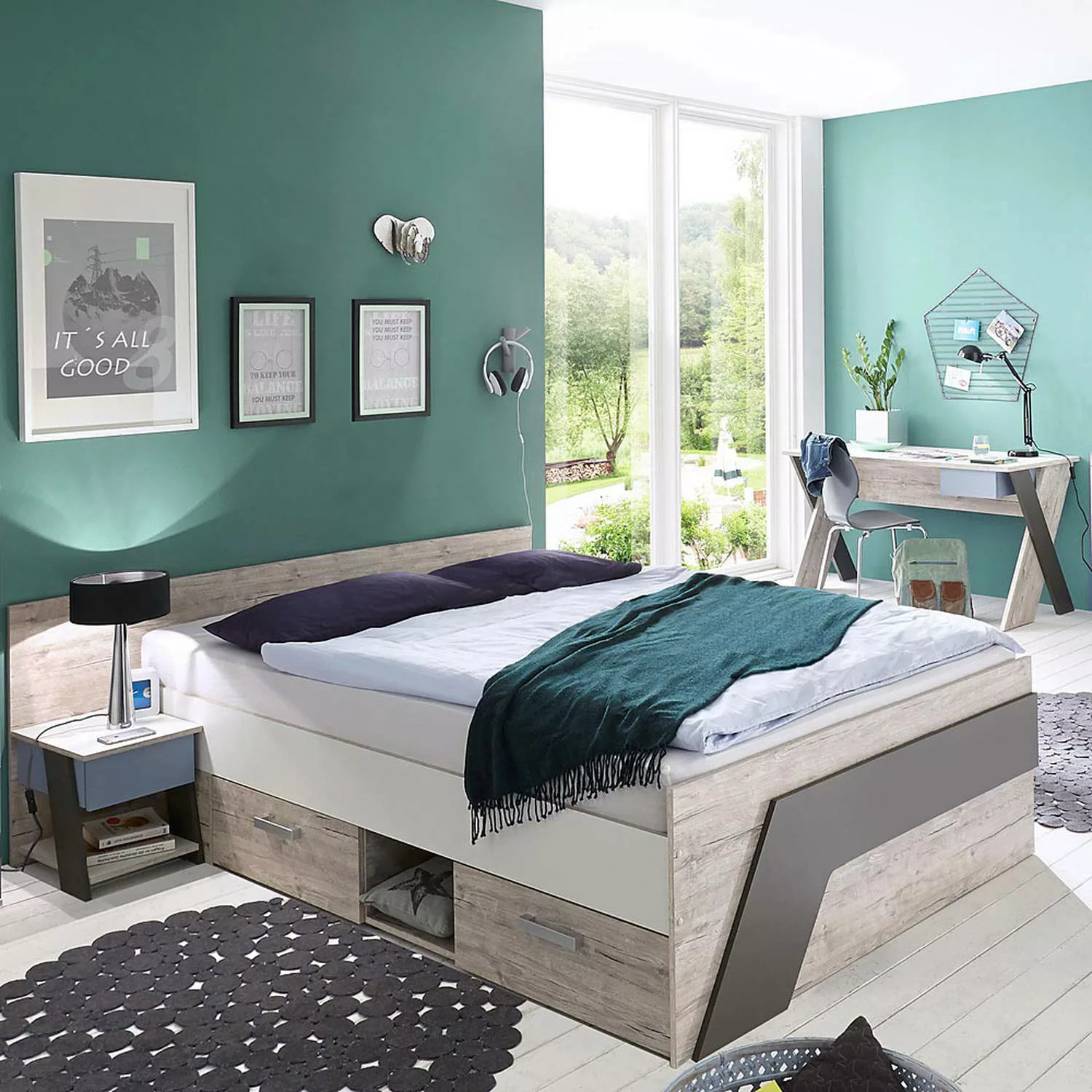 Jugendzimmer Set mit Bett 140x200 cm mit Schreibtisch 3-teilig LEEDS-10 in günstig online kaufen