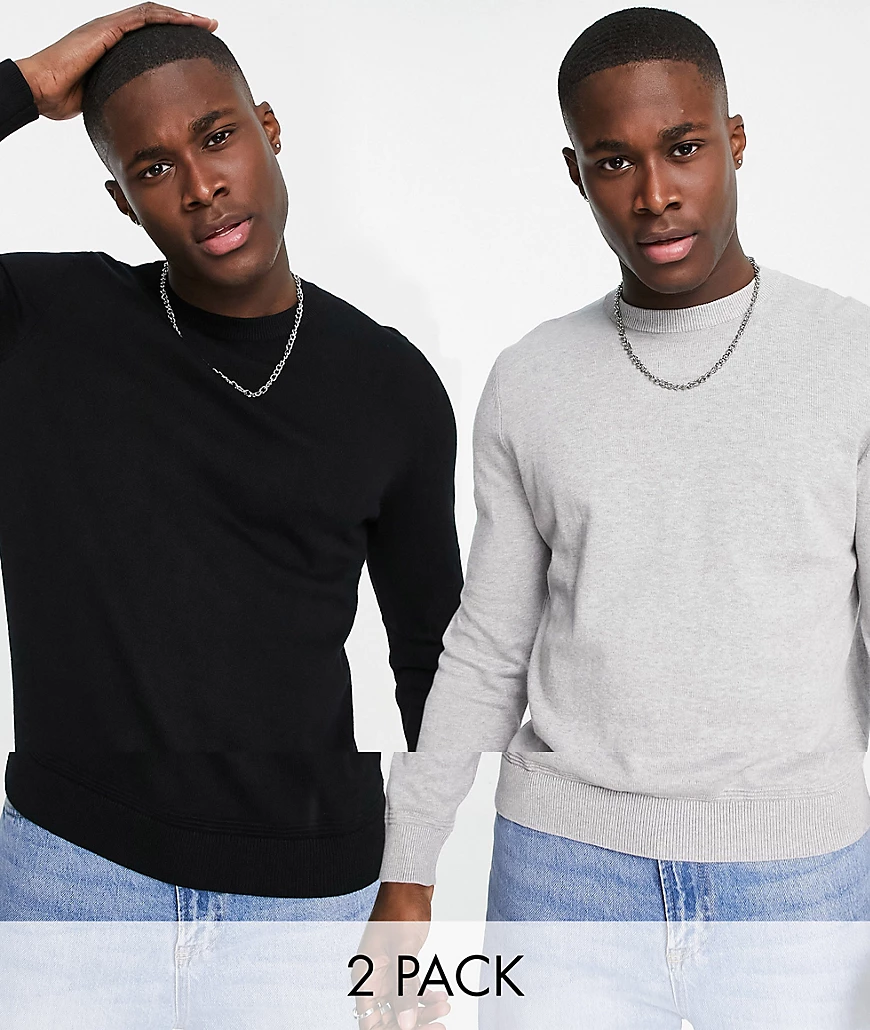 Topman – Langärmlige Strickpullover in Schwarz und Grau mit Rundhalsausschn günstig online kaufen