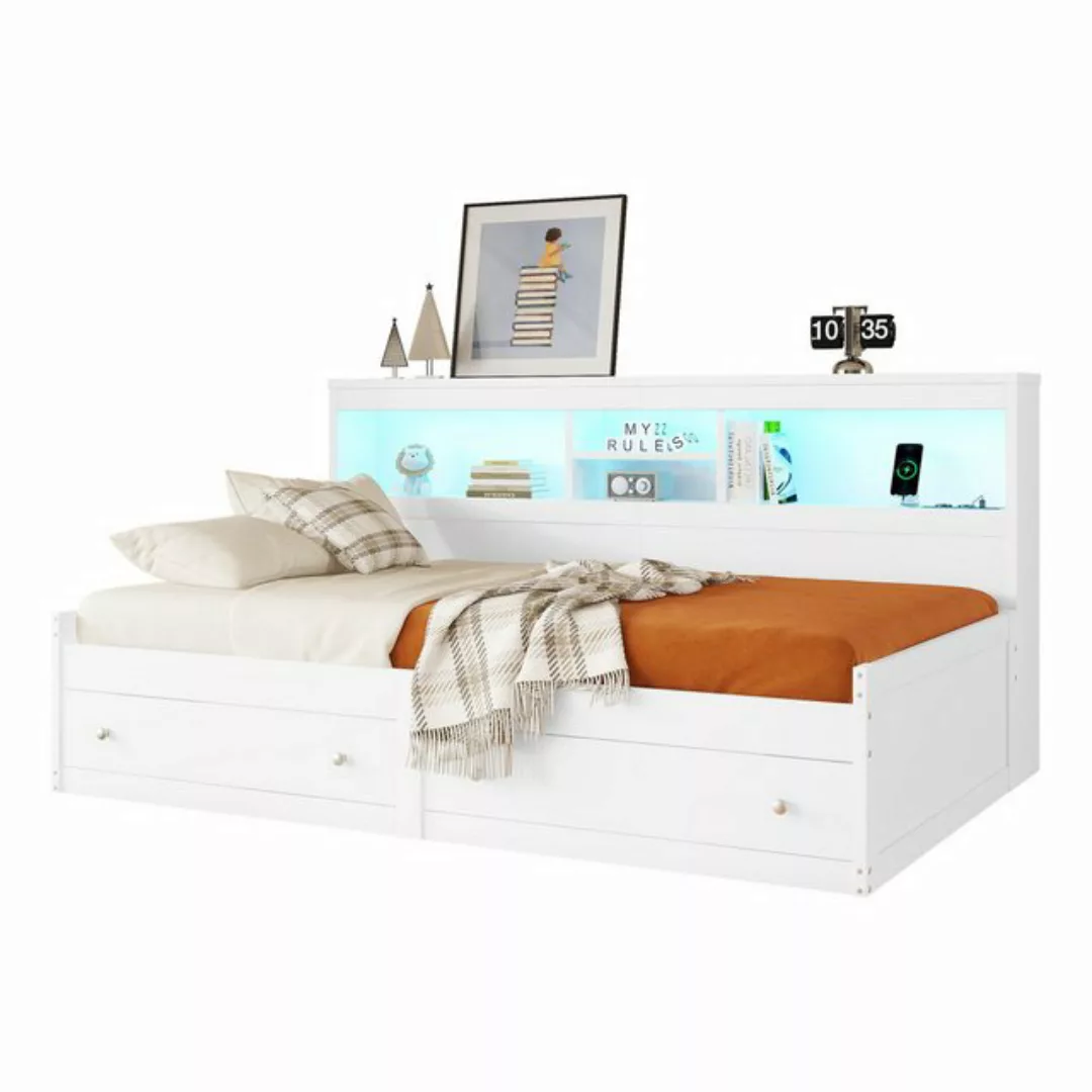 Flieks Kinderbett, LED Daybett Einzelbett 90x200cm mit Ladefunktion und 2 S günstig online kaufen