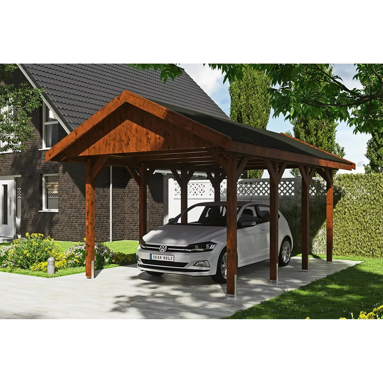 Satteldach-Carport Wallgau Nussbaum 380 x 600 cm schwarze Schindeln günstig online kaufen