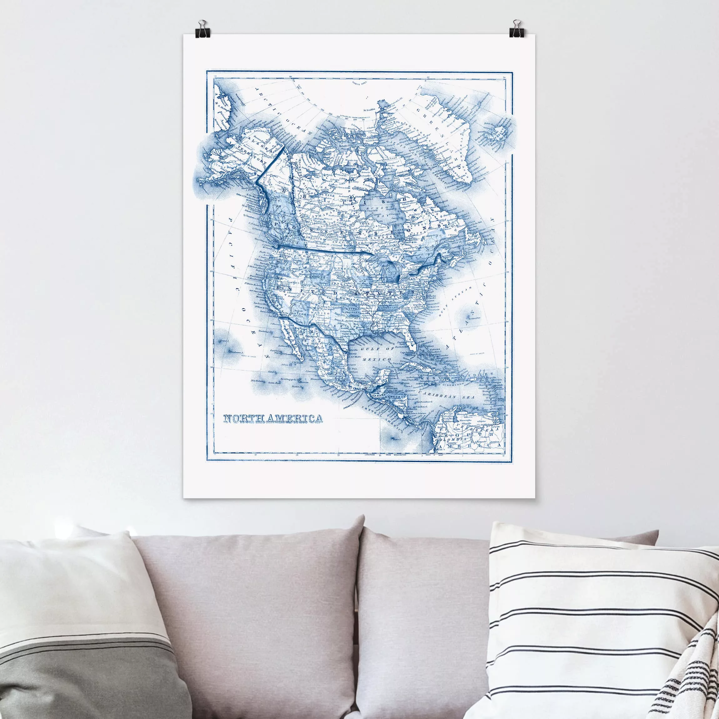 Poster Stadt-, Land- & Weltkarten - Hochformat Karte in Blautönen - Nordame günstig online kaufen