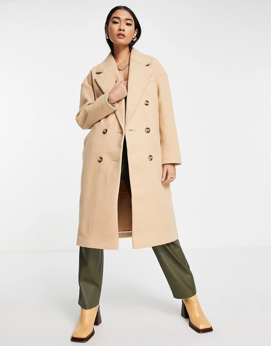 Topshop – Langer zweireihiger Mantel in Camel-Neutral günstig online kaufen