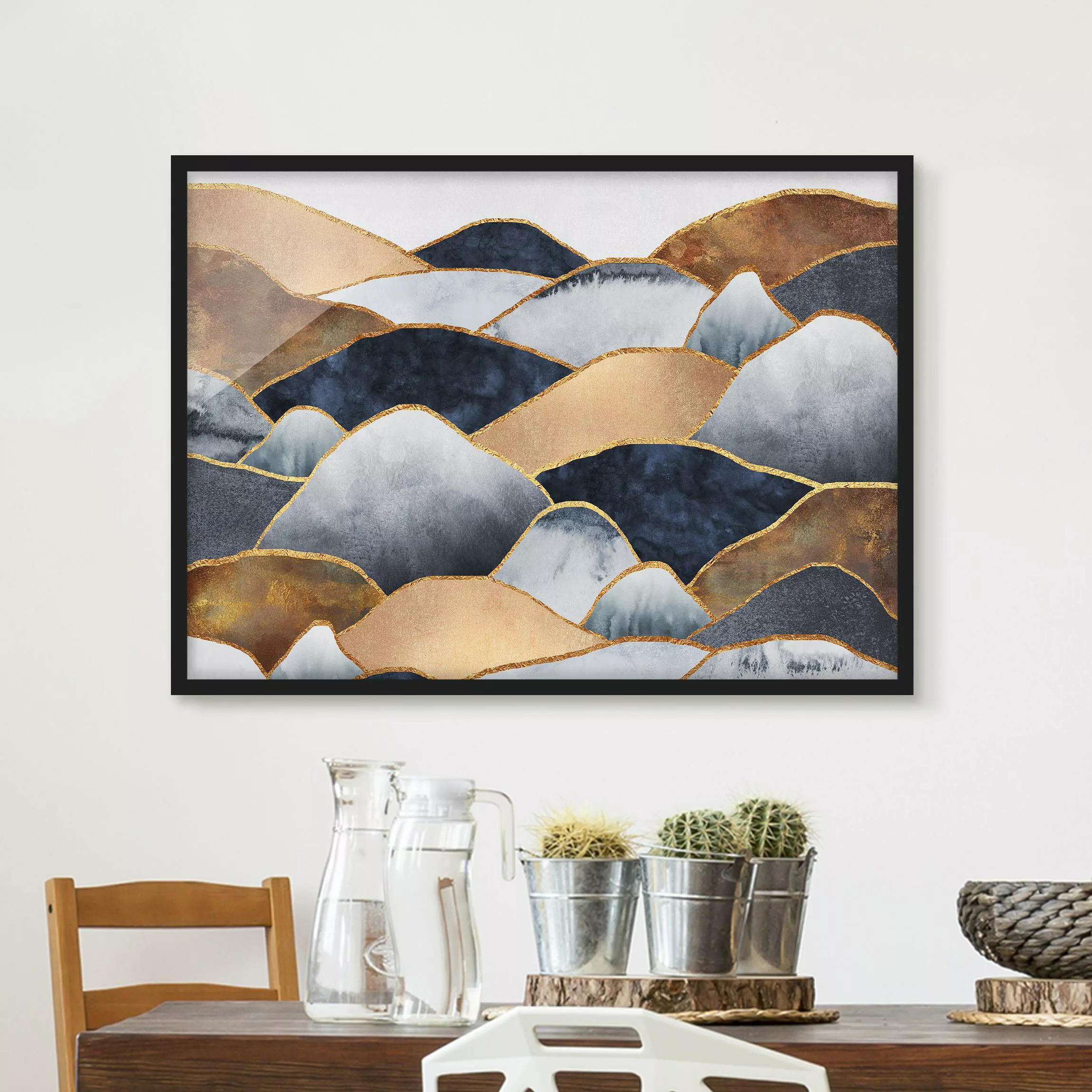 Bild mit Rahmen Abstrakt - Querformat Goldene Berge Aquarell günstig online kaufen