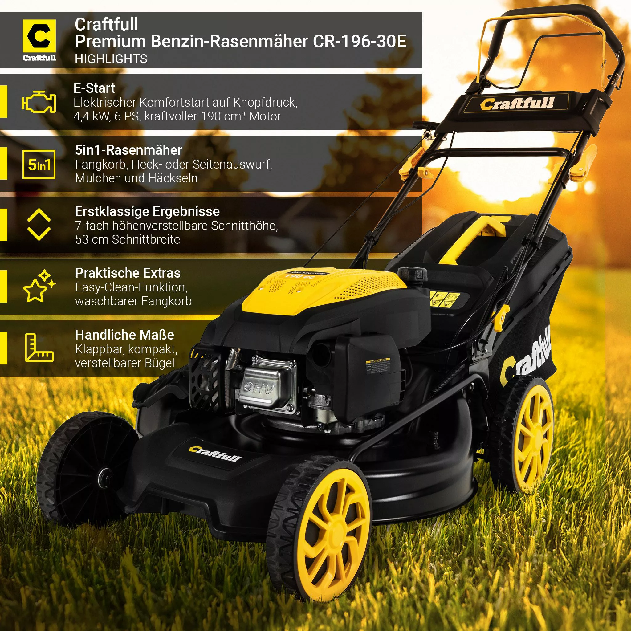 Craftfull Benzinrasenmäher CR-196-30E - 6 PS, günstig online kaufen