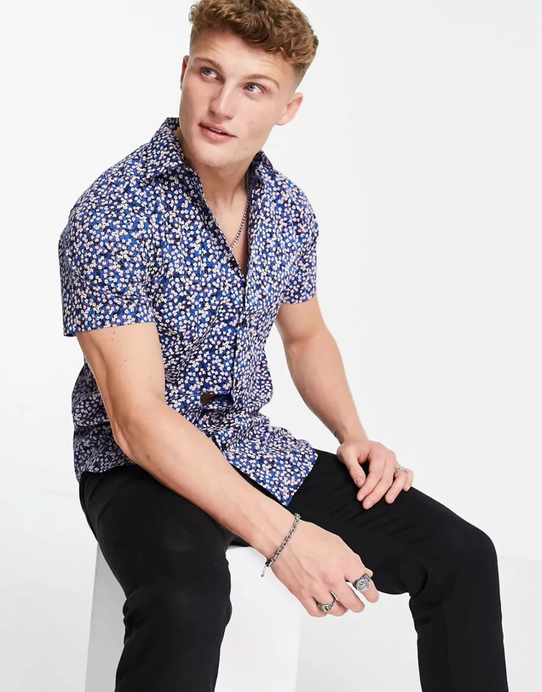 Selected Homme – Dexter – Kurzärmliges Hemd mit Blumenmuster-Blau günstig online kaufen