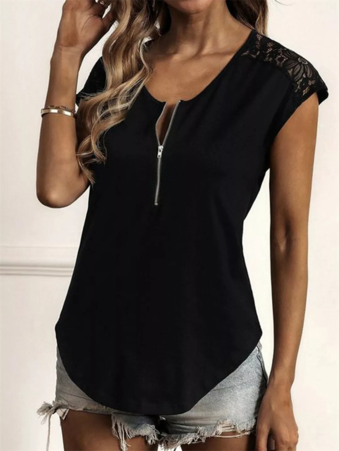 AFAZ New Trading UG Spitzentop Patchwork-Spitzen-Kurzarm-T-Shirt für Damen günstig online kaufen