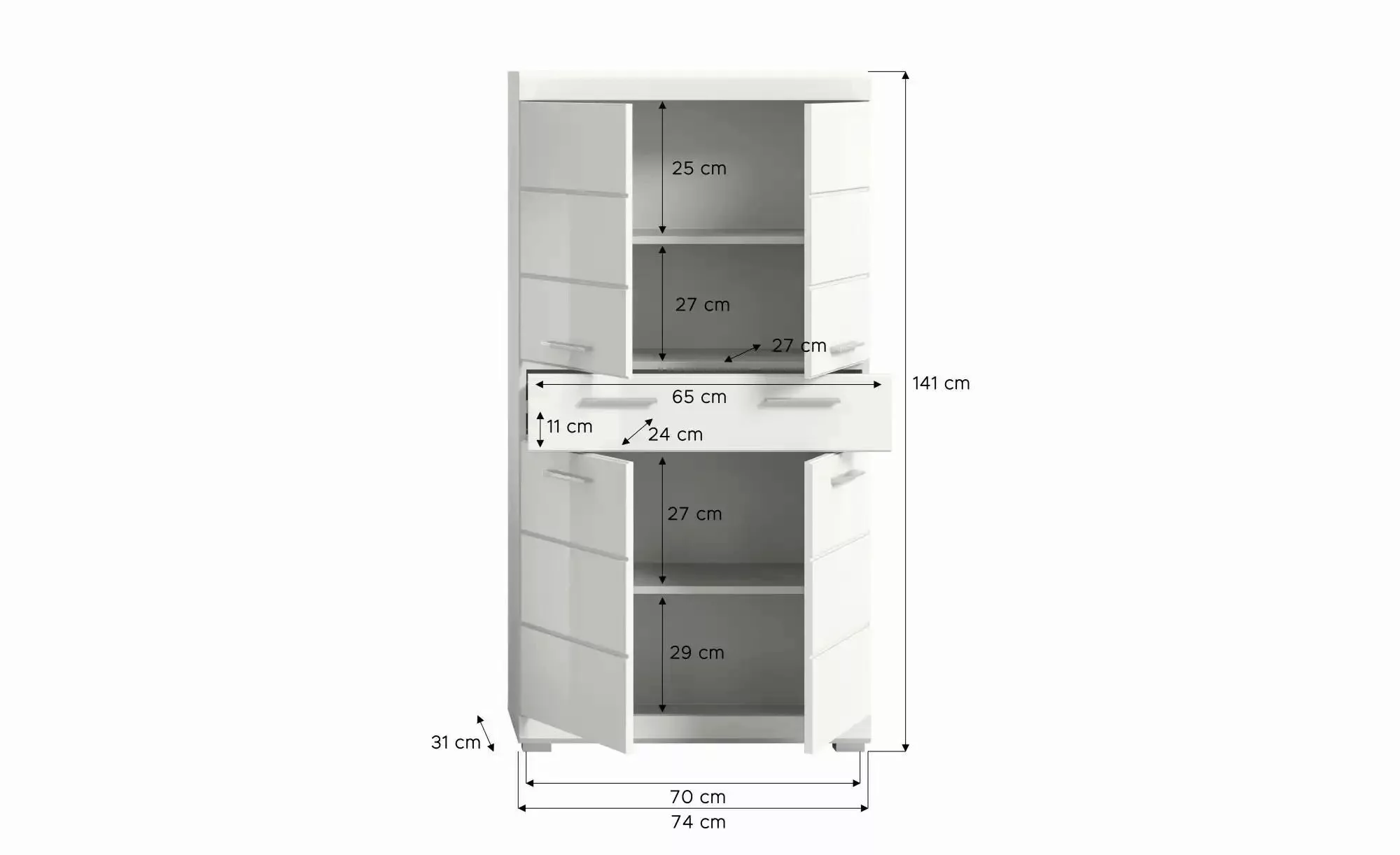 xonox.home Midischrank weiß hochglanz tiefzieh B/H/T: 74x141x31 cm günstig online kaufen