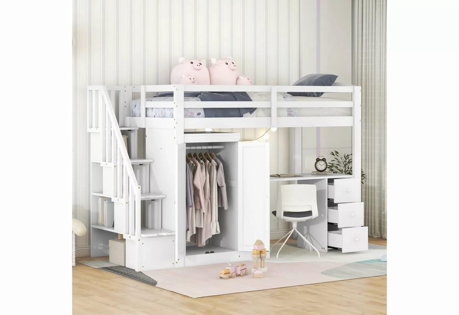 KLAM HOME Kinderbett Hochbett mit Kleiderschrank Treppe Schreibtisch Schubl günstig online kaufen