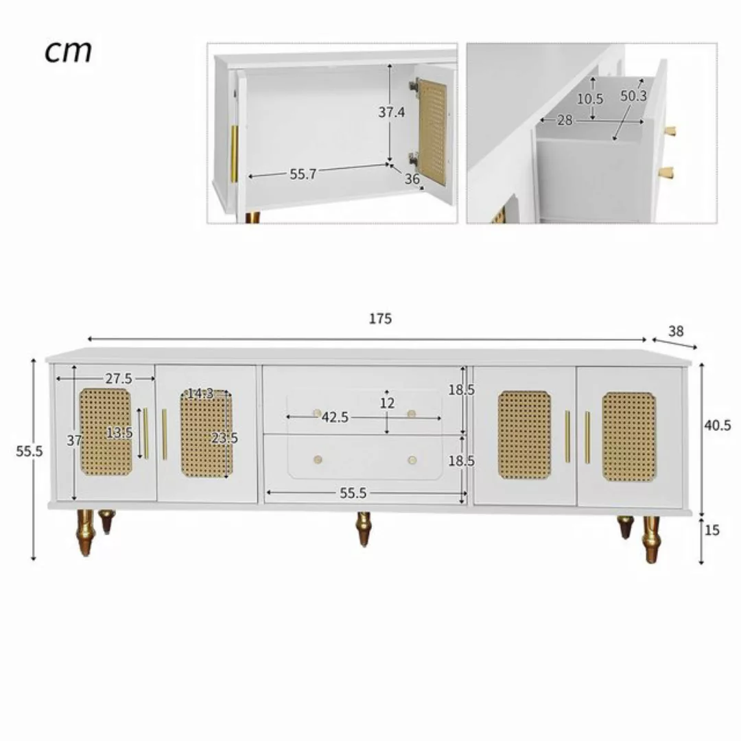 RIYO TV-Schrank Lowboard TV-Möbel im Retro-Stil viel Stauraum Mit Rattantür günstig online kaufen