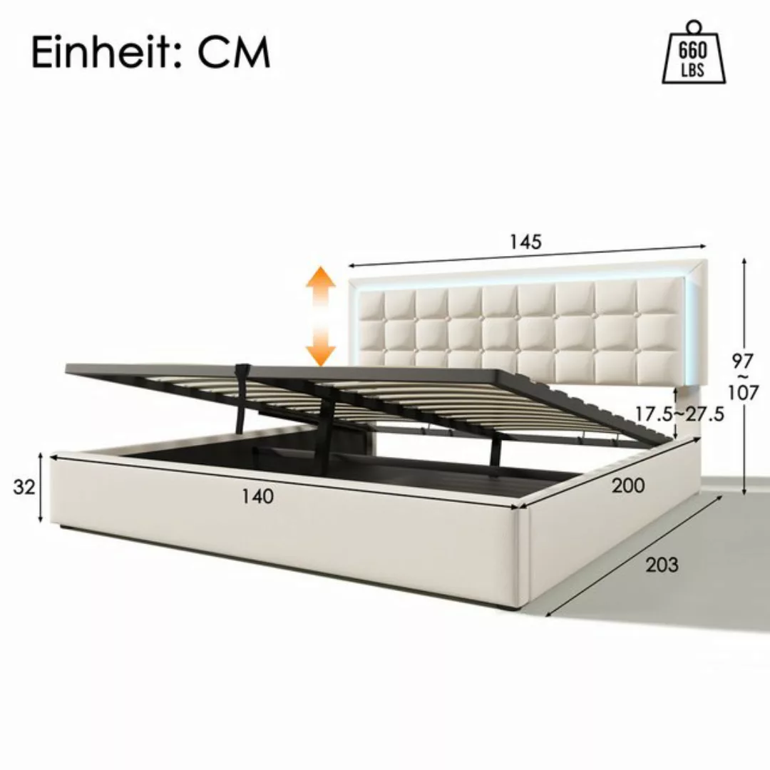 Flieks Stauraumbett (1-tlg), LED-Beleuchtung Kunstleder Doppelbett 140x200c günstig online kaufen