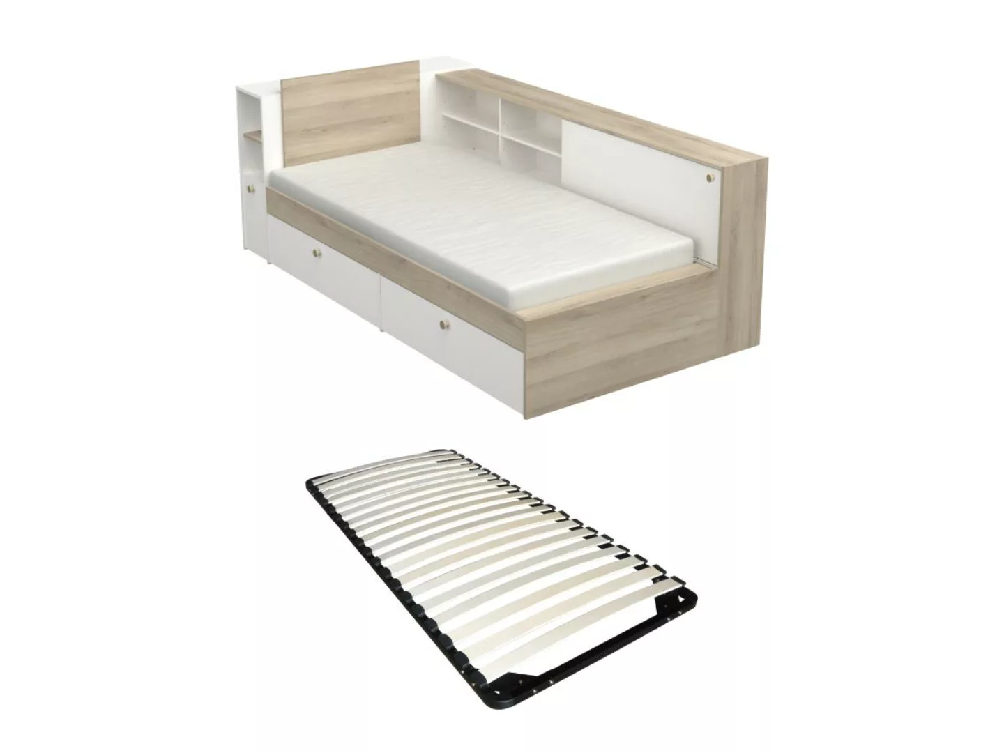 Bett mit Stauraum - 90 x 200 cm - Weiß & Holzfarben + Lattenrost - LIARA günstig online kaufen
