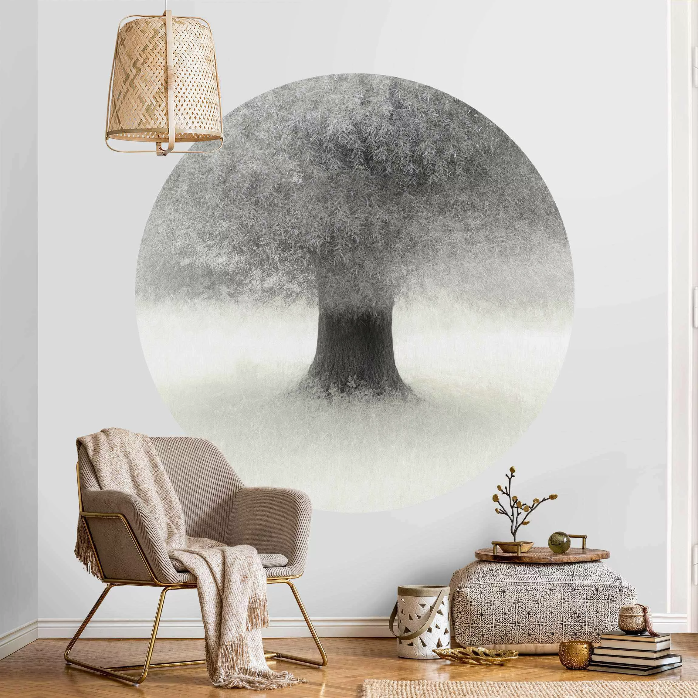 Runde Tapete selbstklebend Verträumter Baum in Weiß günstig online kaufen