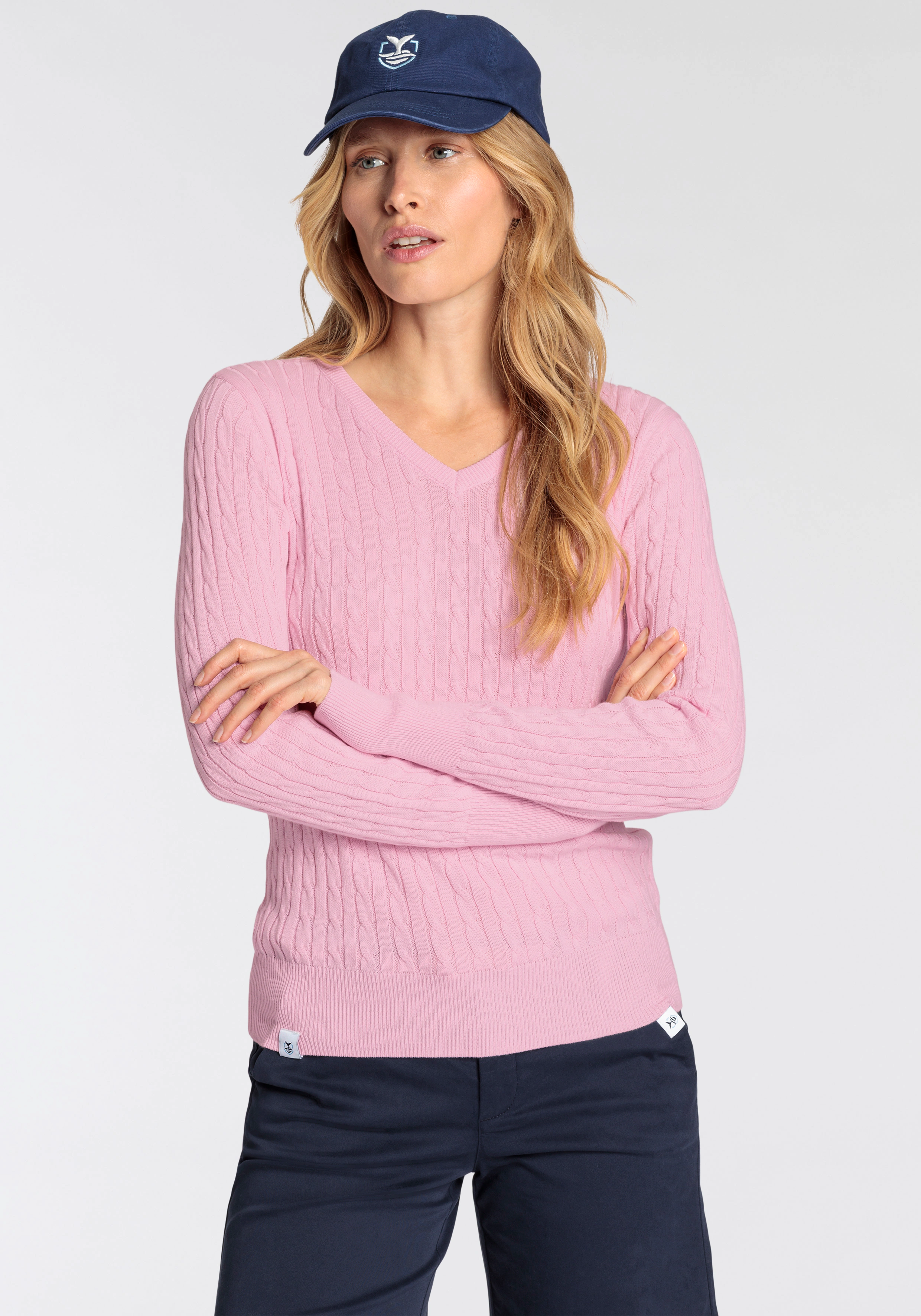 DELMAO V-Ausschnitt-Pullover mit Zopfstrickmuster günstig online kaufen