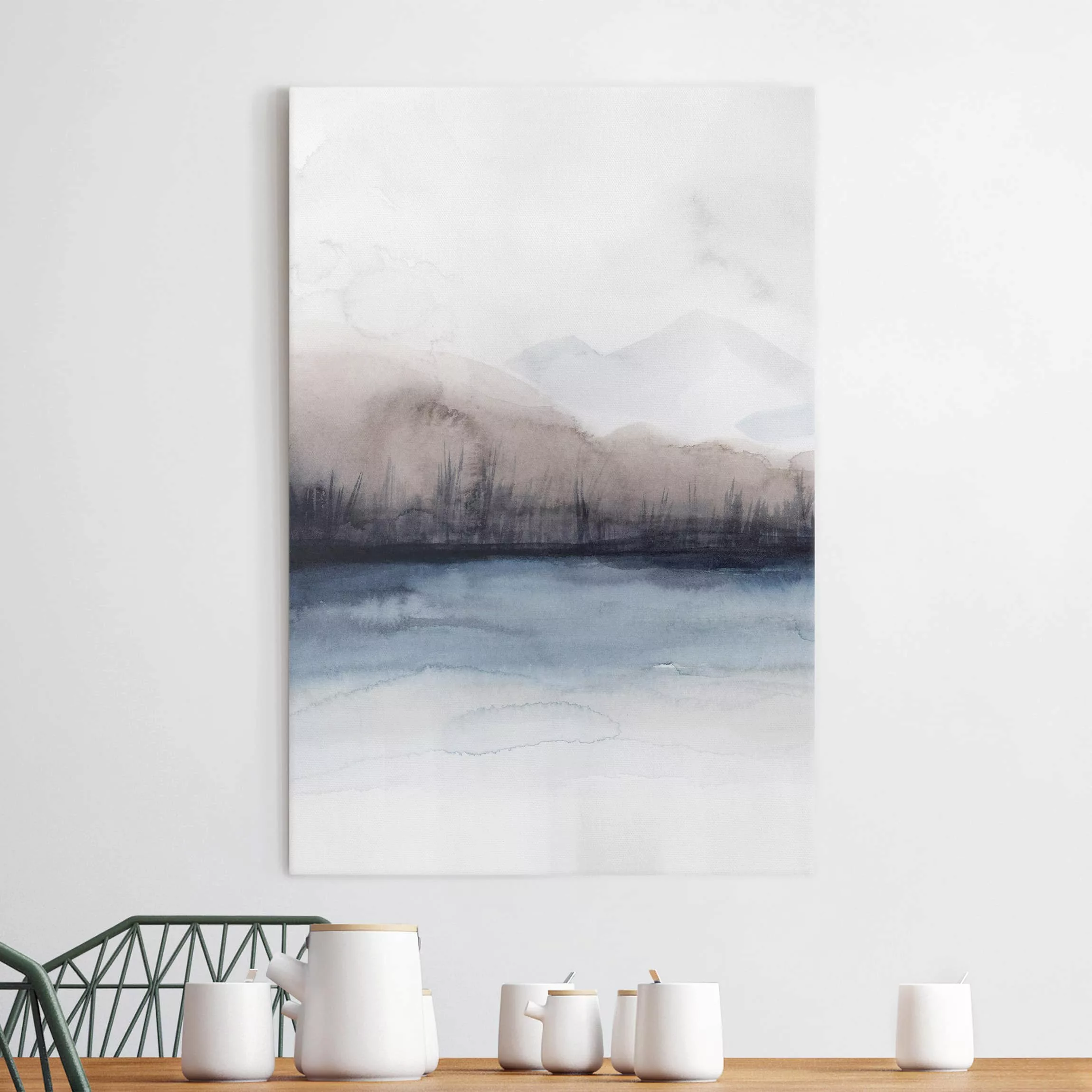Leinwandbild Abstrakt - Hochformat Seeufer mit Bergen II günstig online kaufen