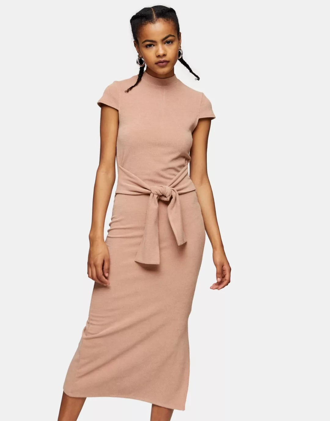 Topshop – Kleid mit Taillenschnürung und Flügelärmeln in Beige-Neutral günstig online kaufen