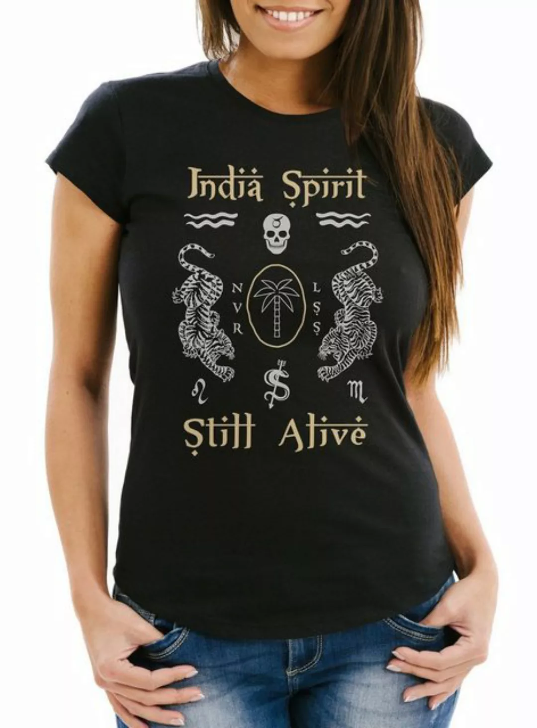 Neverless Print-Shirt Damen T-Shirt Tiger Motiv Totenkopf India Spirit Schr günstig online kaufen