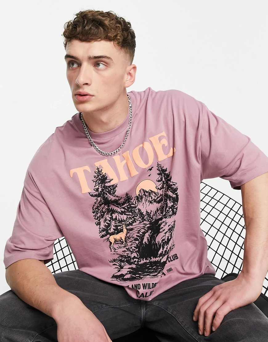 ASOS DESIGN – Oversize-T-Shirt in Rosa mit Tahoe-Berg-Print vorne günstig online kaufen