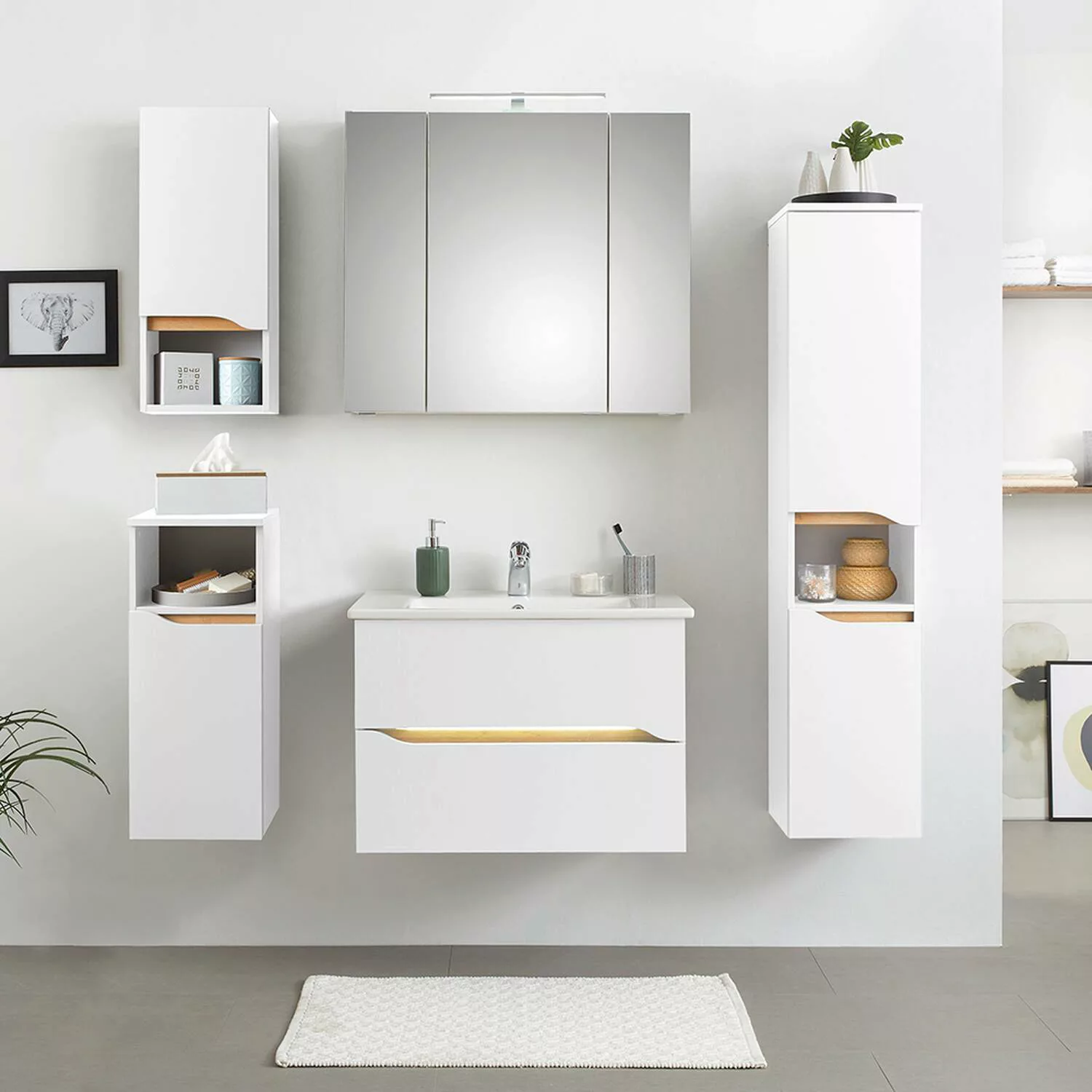 Badezimmer Komplett Set mit Griffbeleuchtung und Keramik Waschbecken QUEIMA günstig online kaufen
