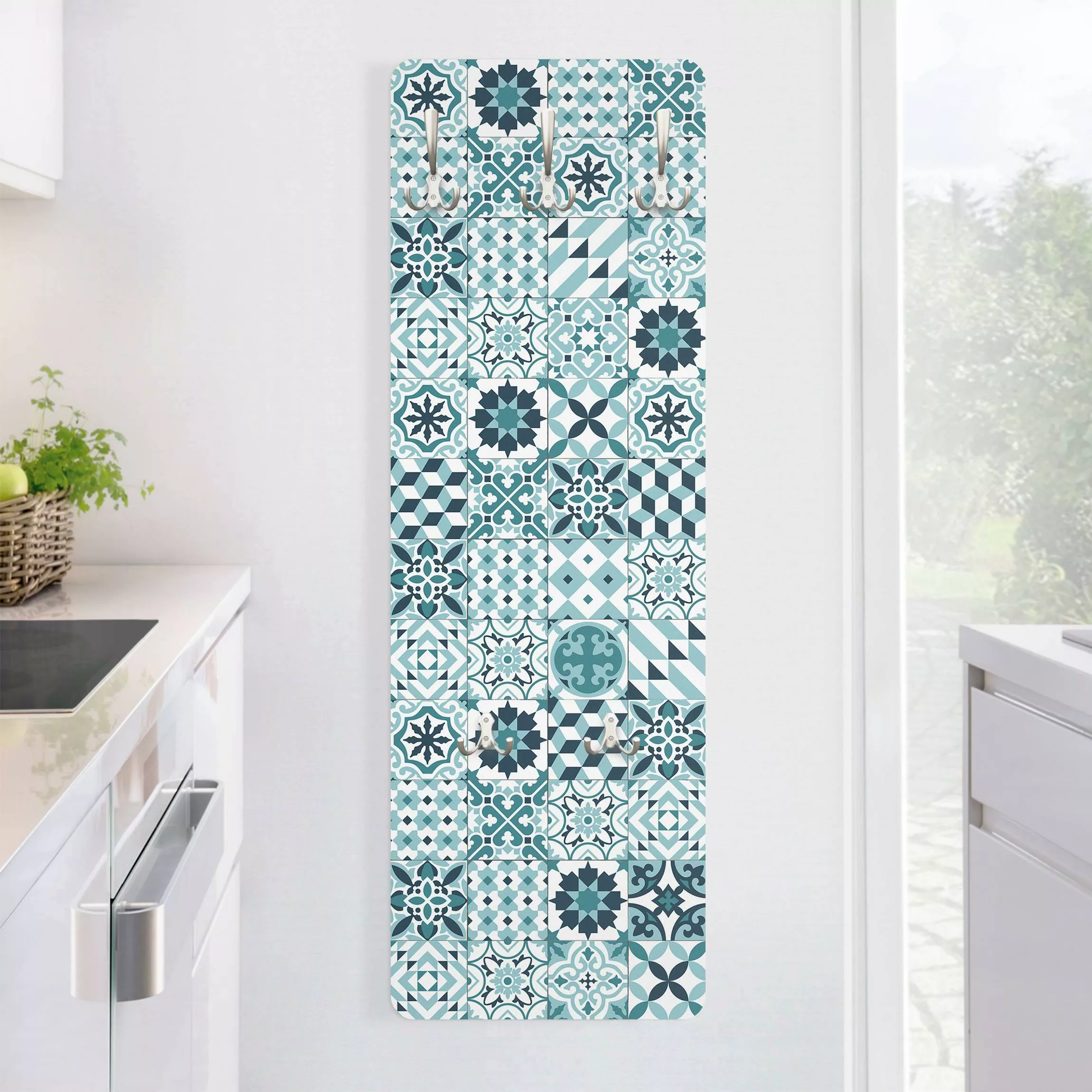 Wandgarderobe Holzpaneel Muster & Textur Geometrischer Fliesenmix Türkis günstig online kaufen