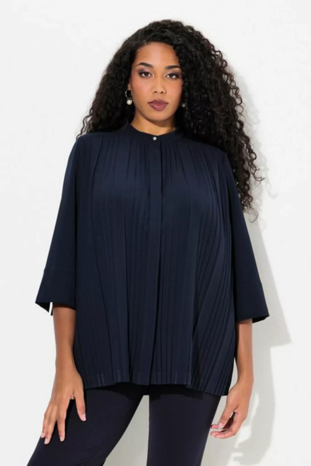 Ulla Popken Satinbluse Bluse Plissee-Einsätze Stehkragen 3/4-Arm günstig online kaufen