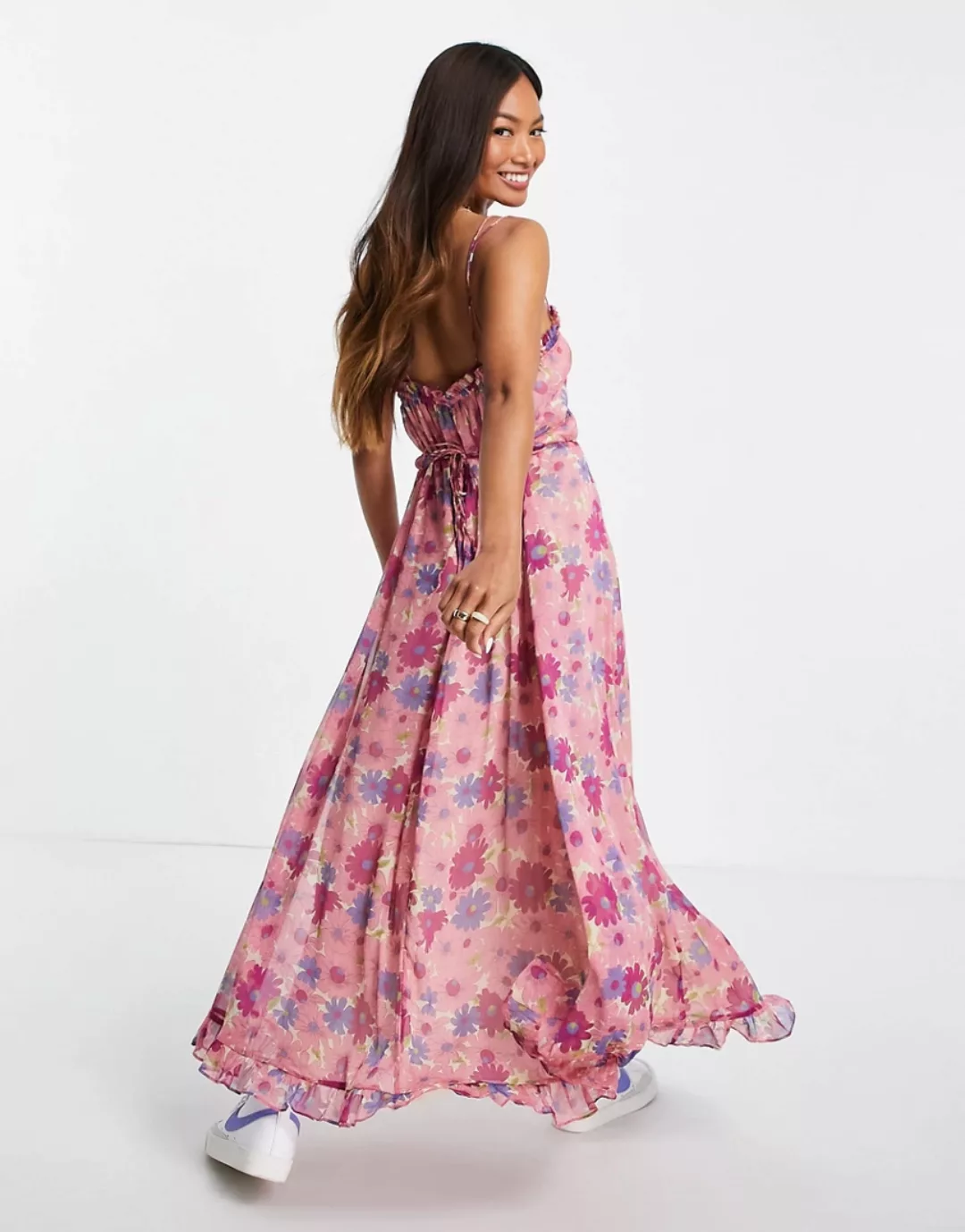 Mango – Midi-Riemchenkleid in Rosa mit Detail im Brustbereich günstig online kaufen