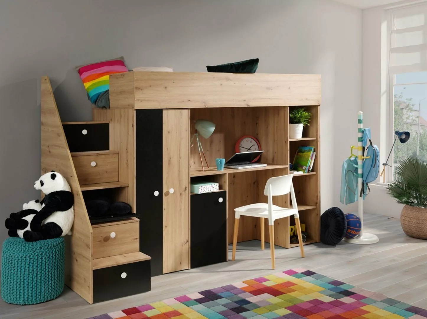 QMM TraumMöbel Hochbett SAM 14 mit Schreibtisch Schrank Regal und Treppe ei günstig online kaufen