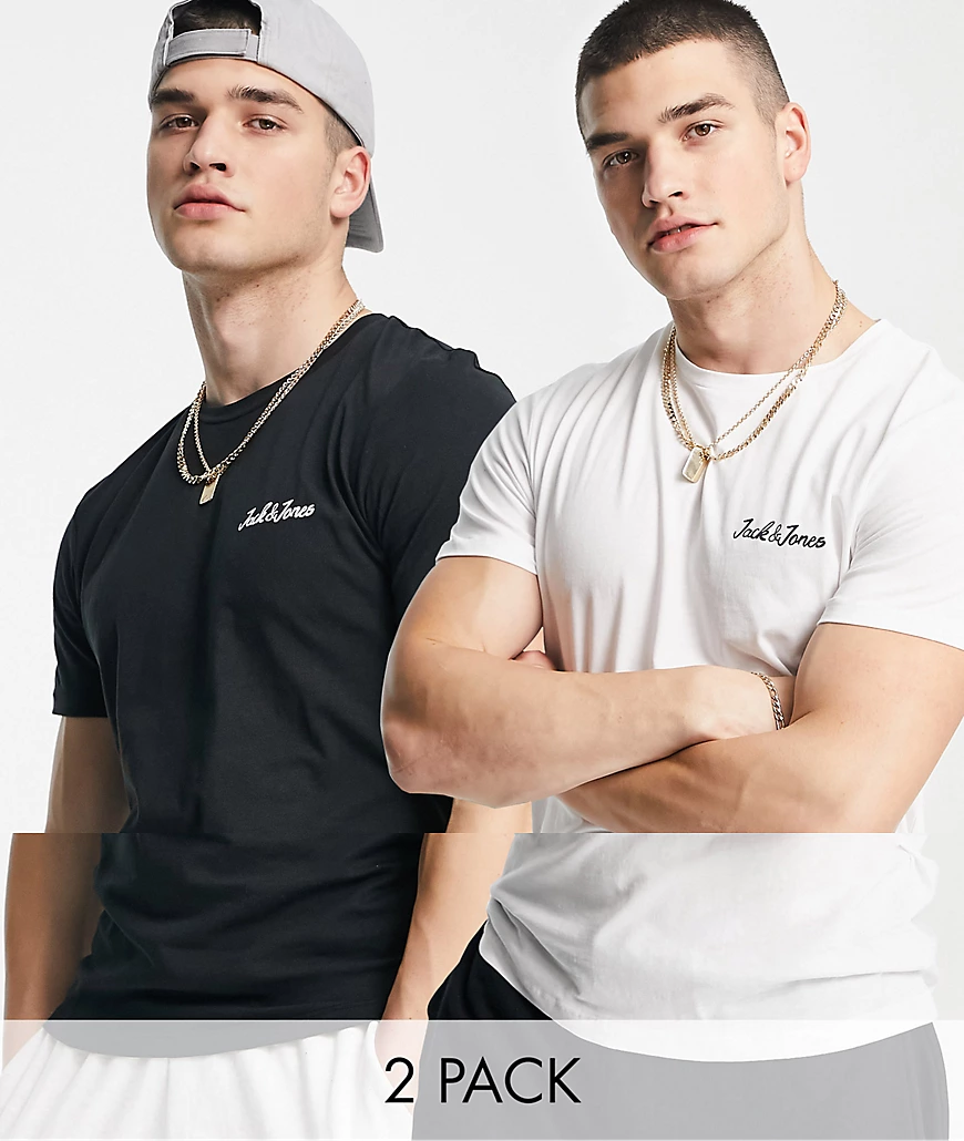 Jack & Jones – Essentials – T-Shirts in Schwarz und Weiß mit Logo-Schriftzu günstig online kaufen