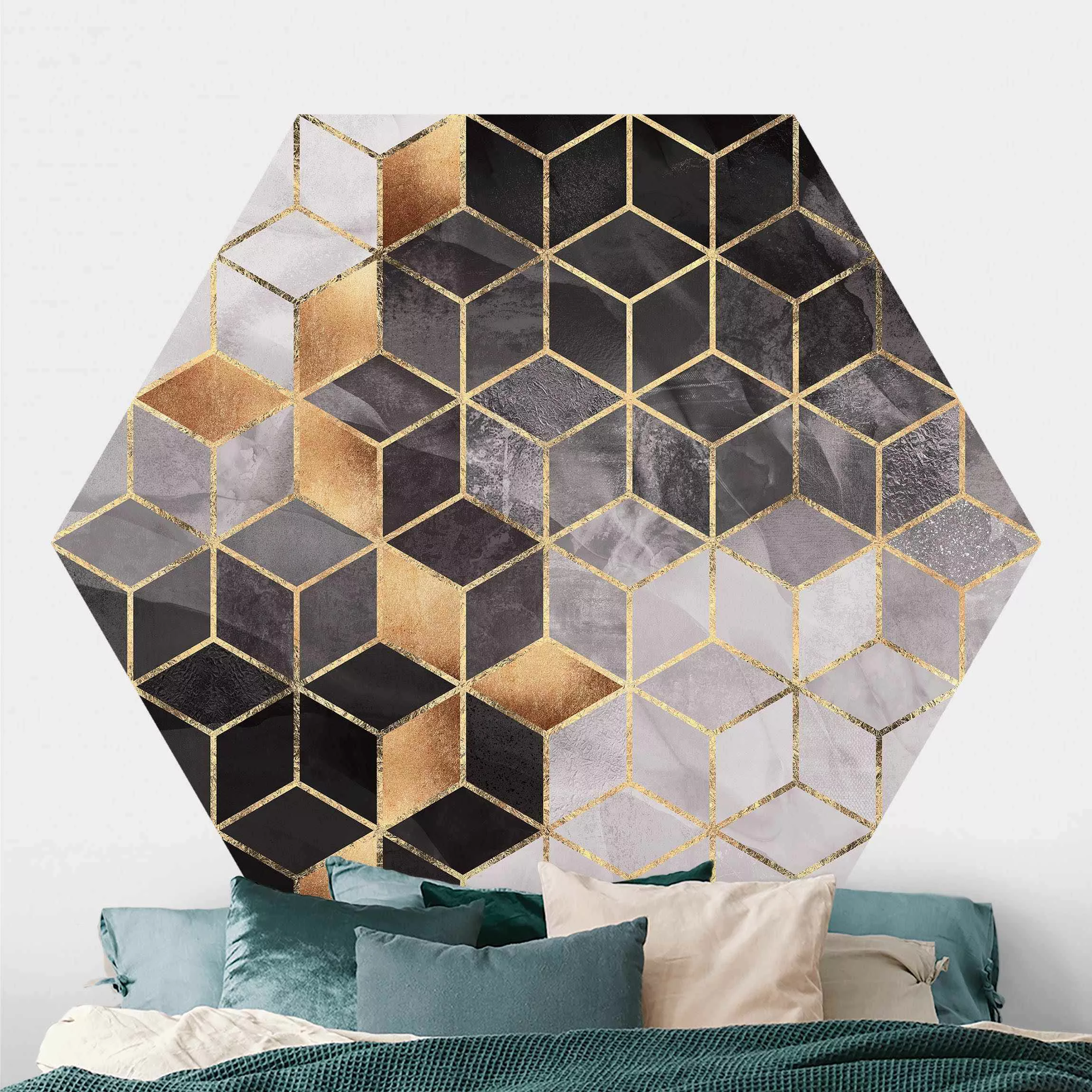 Hexagon Mustertapete selbstklebend Schwarz Weiß goldene Geometrie günstig online kaufen