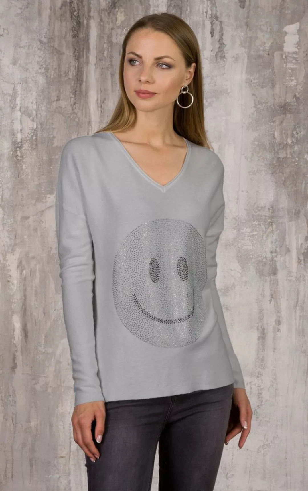 Passioni Strickpullover mit einem großen Strass-Smiley auf der Vorderseite günstig online kaufen