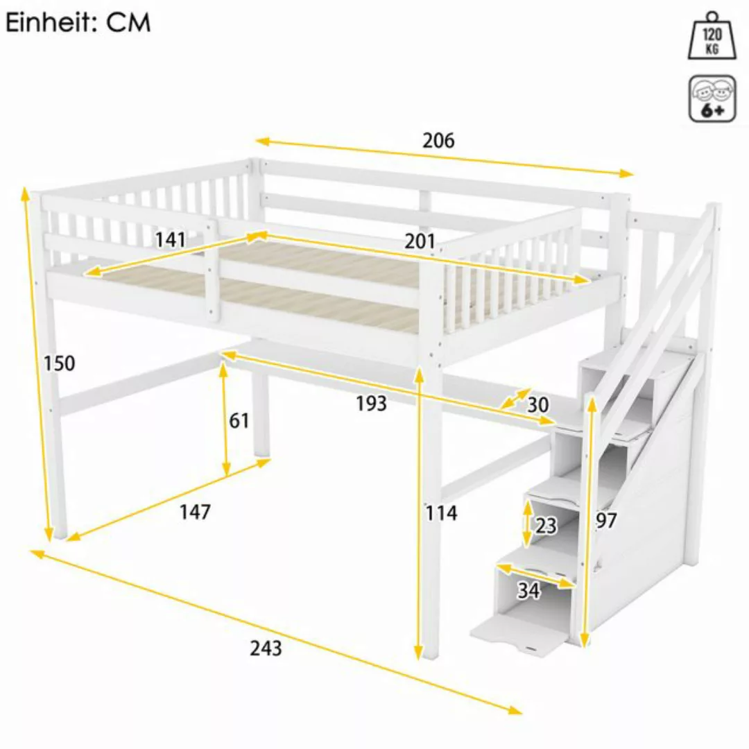 EXTSUD Hochbett 140x200 Kinderhochbett mit Stauraumschubladen, Weiß günstig online kaufen