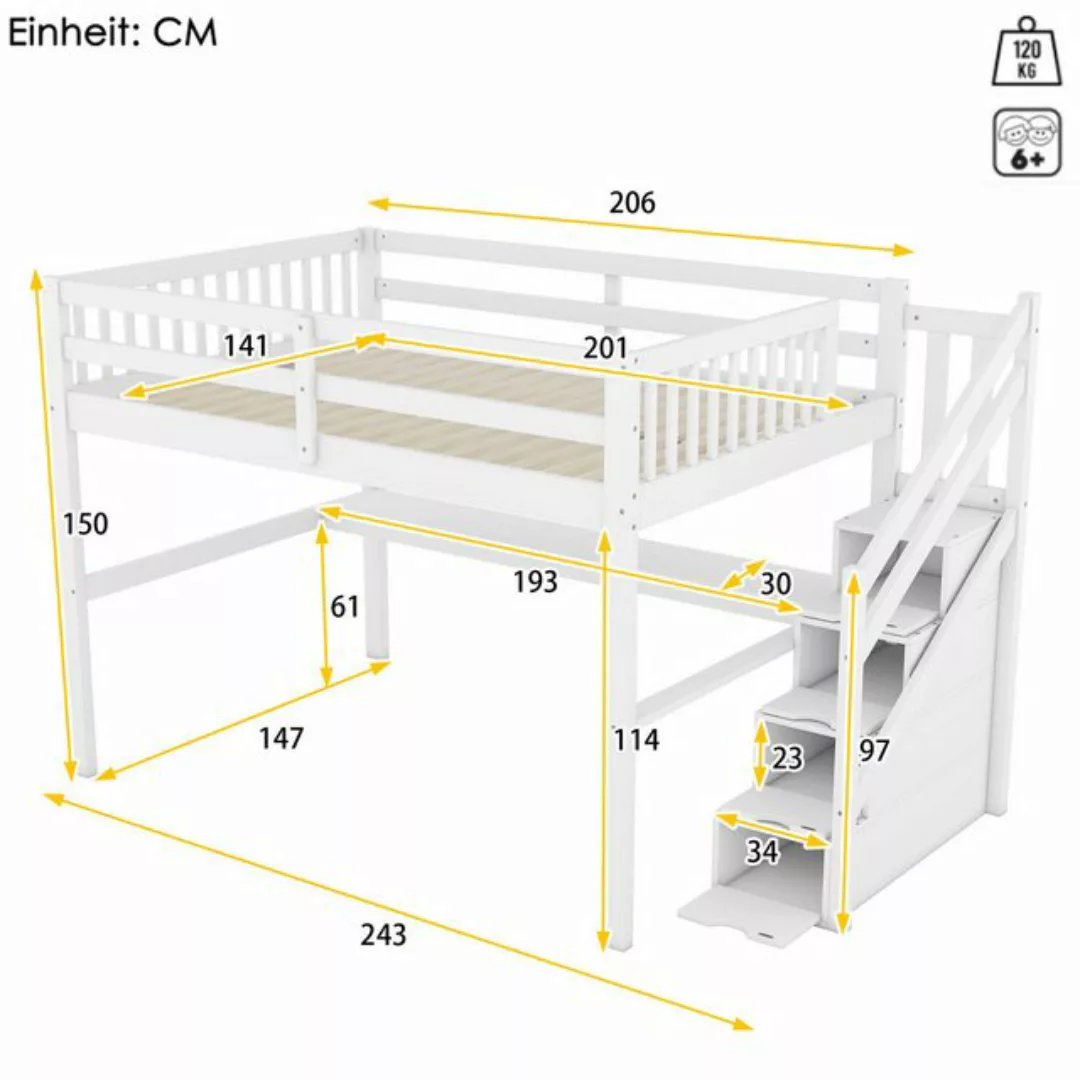 HAUSS SPLOE Hochbett 140 x 200 mit Treppe, Stauraumschubladen und Schreibti günstig online kaufen