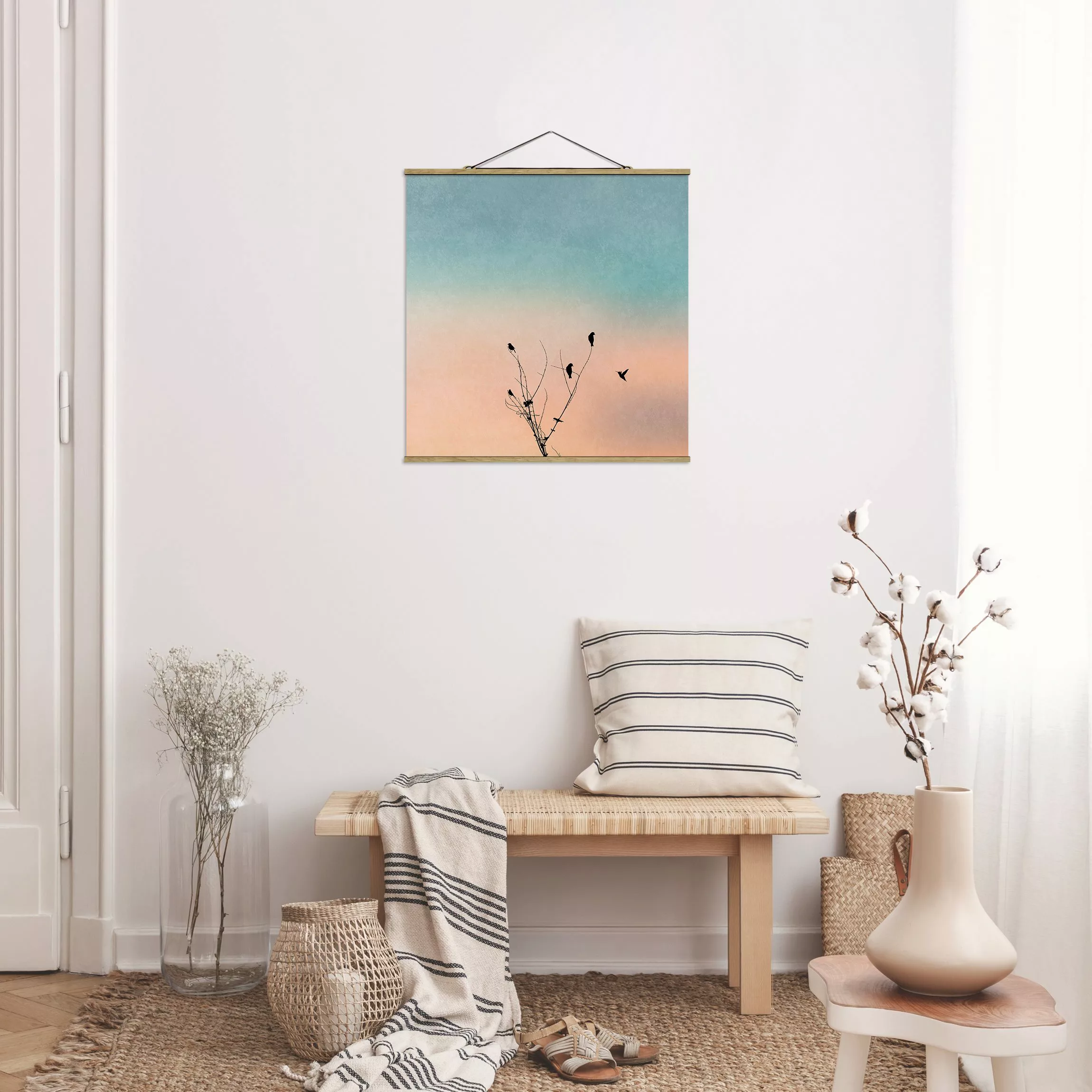 Stoffbild mit Posterleisten Vögel vor rosa Sonne II günstig online kaufen