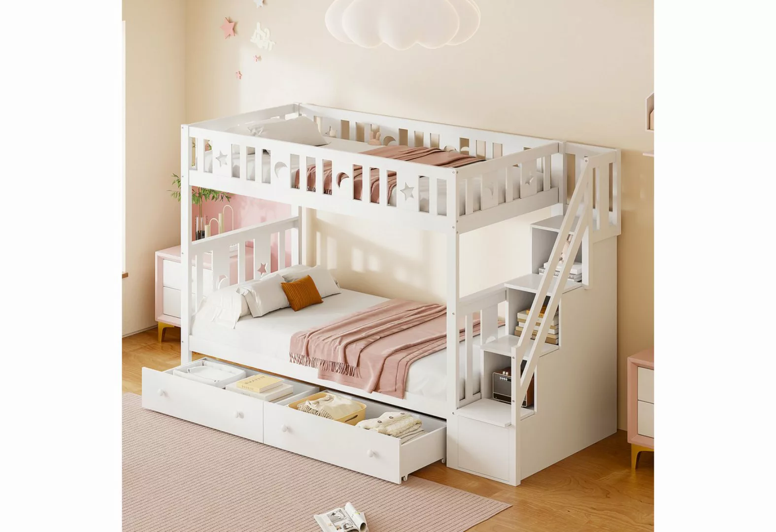 Flieks Etagenbett, Massivholz Kinderbett 90x200cm mit 2 Schubladen und Stau günstig online kaufen