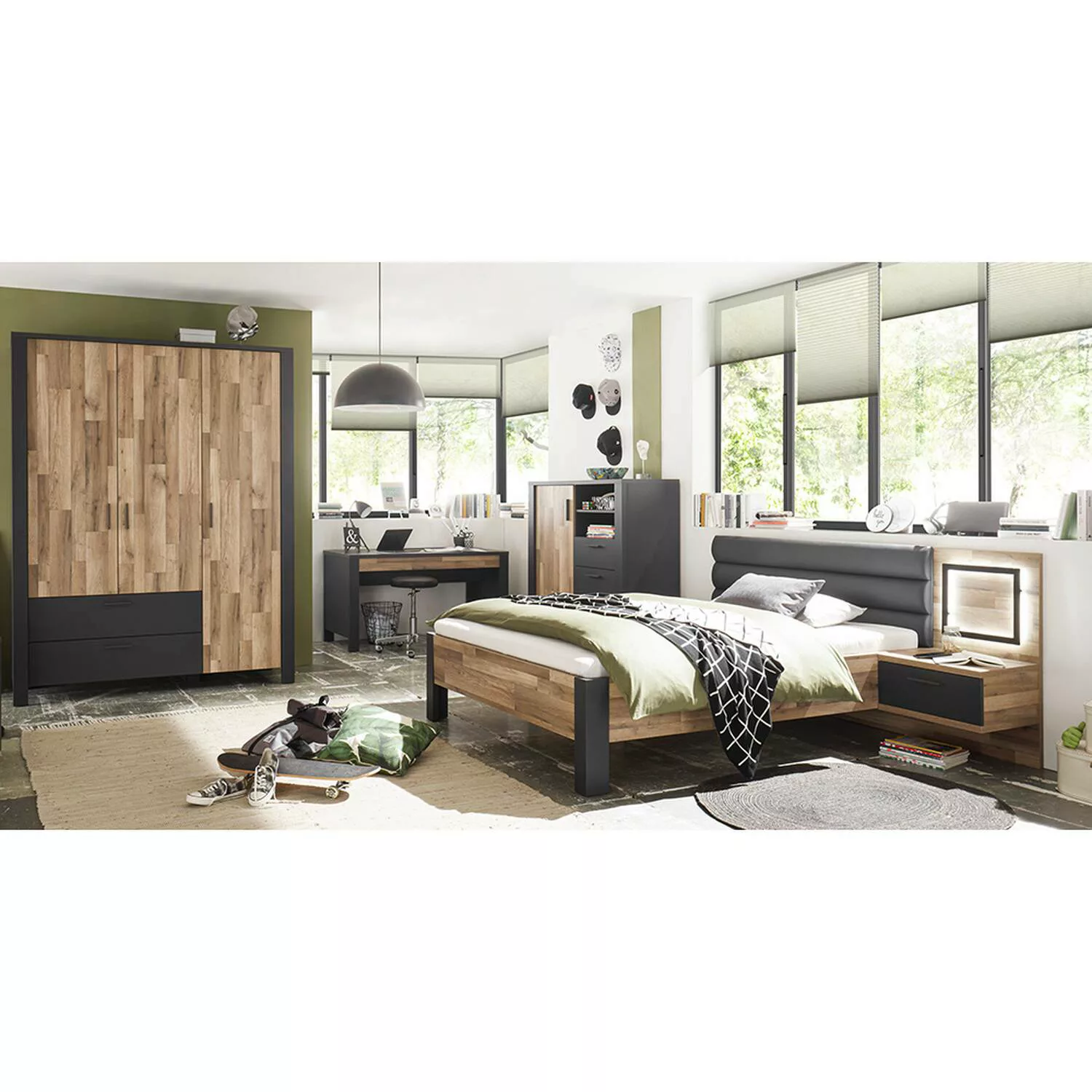 Jugendzimmer komplett DARWIN-78 Set in Montana Eiche Nb. mit grau günstig online kaufen